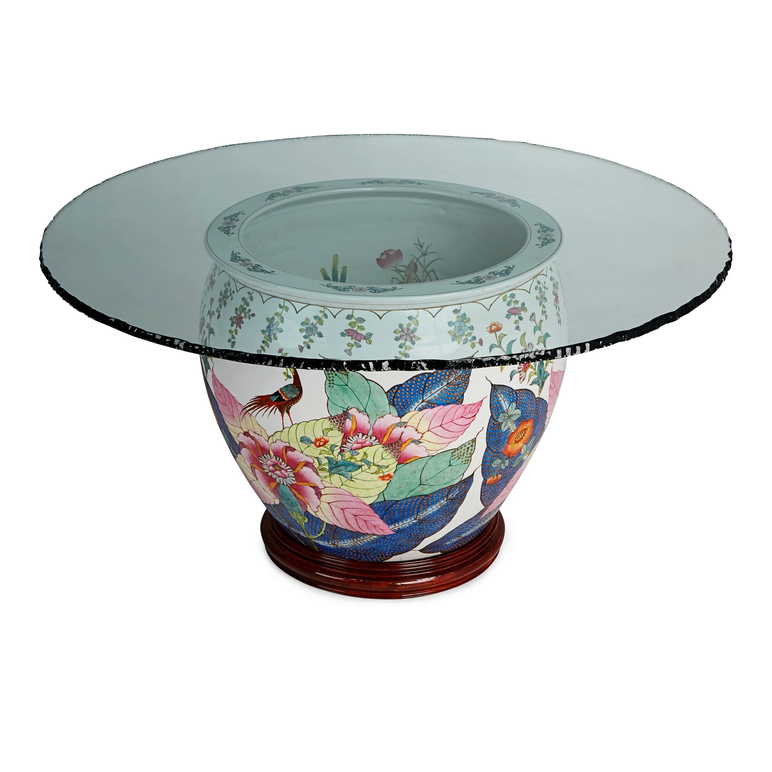 Chinoiserie Asian Glazed Porcelain Urn Base Dining Table with Fractured Edge Glass Top