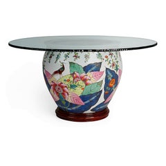 Asian Glazed Porcelain Urn Base Dining Table with Fractured Edge Glass Top