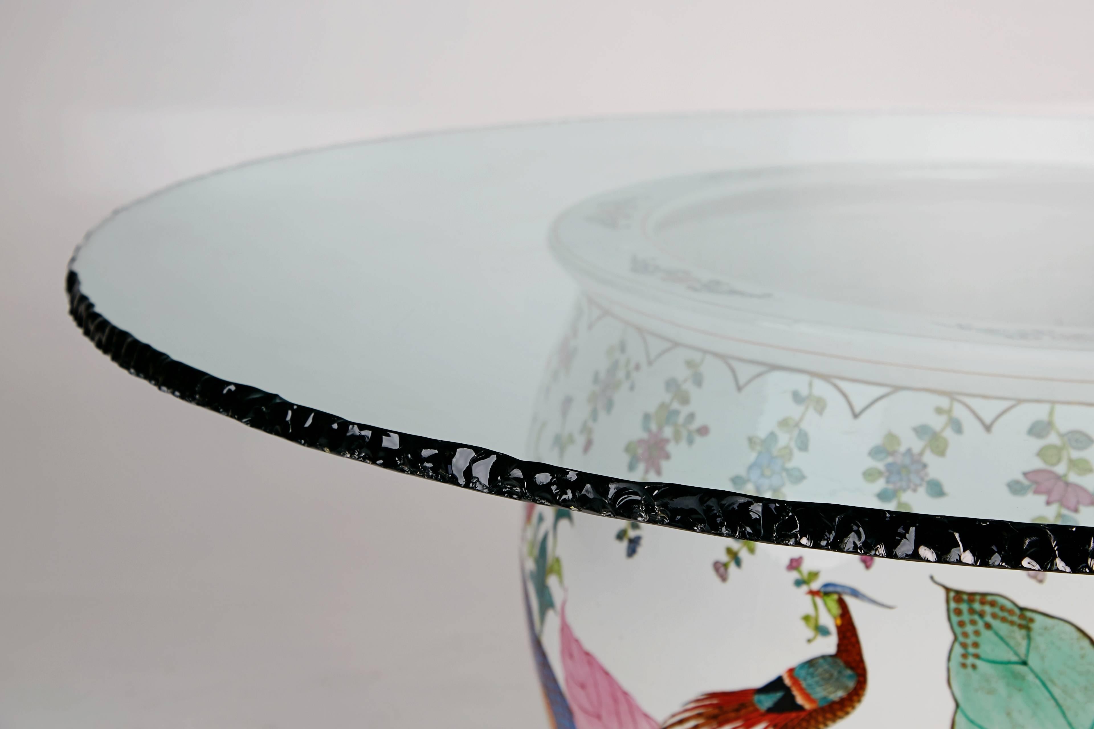 Asian Glazed Porcelain Urn Base Dining Table with Fractured Edge Glass Top 2