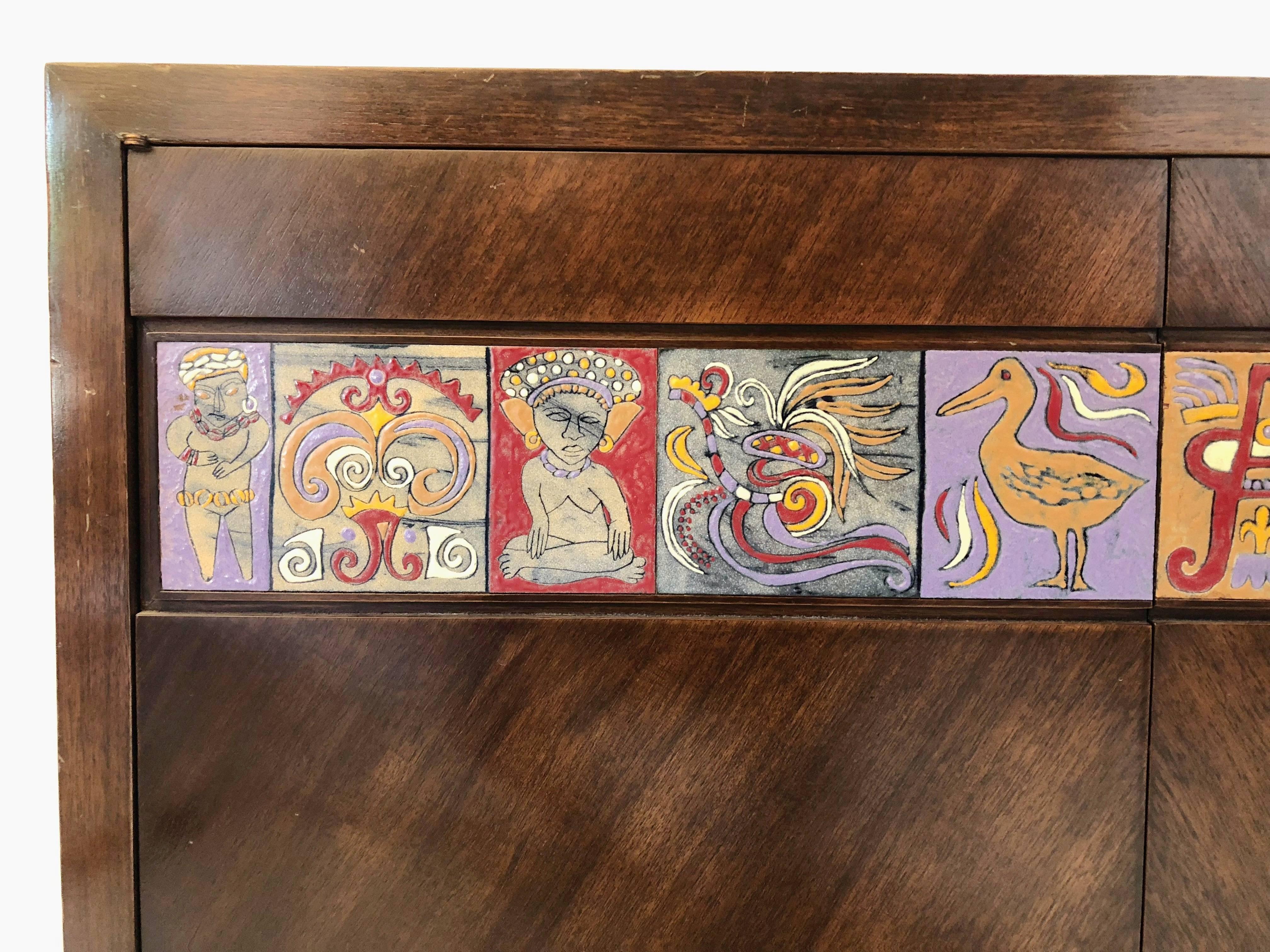 Wood Mexican Modernist Enameled Tile Credenza, circa 1950