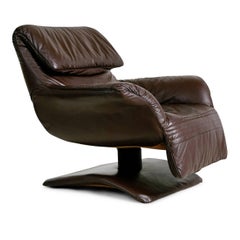 Scandinavian Modern Leather Club Chairs with Adjustable Headrests, Pair