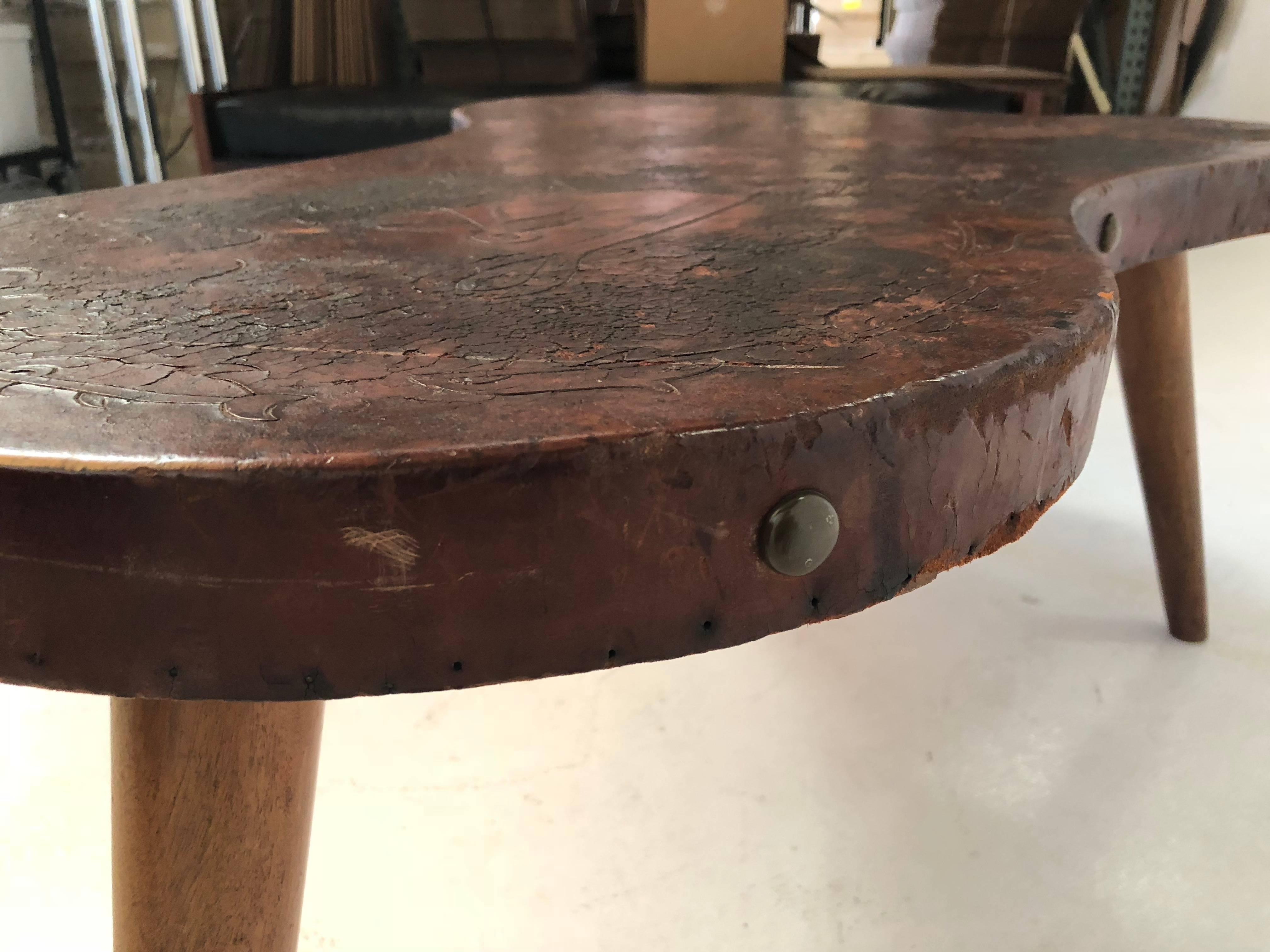 Brass Peruvian Tooled Leather Coffee Table, Stamped, circa 1945