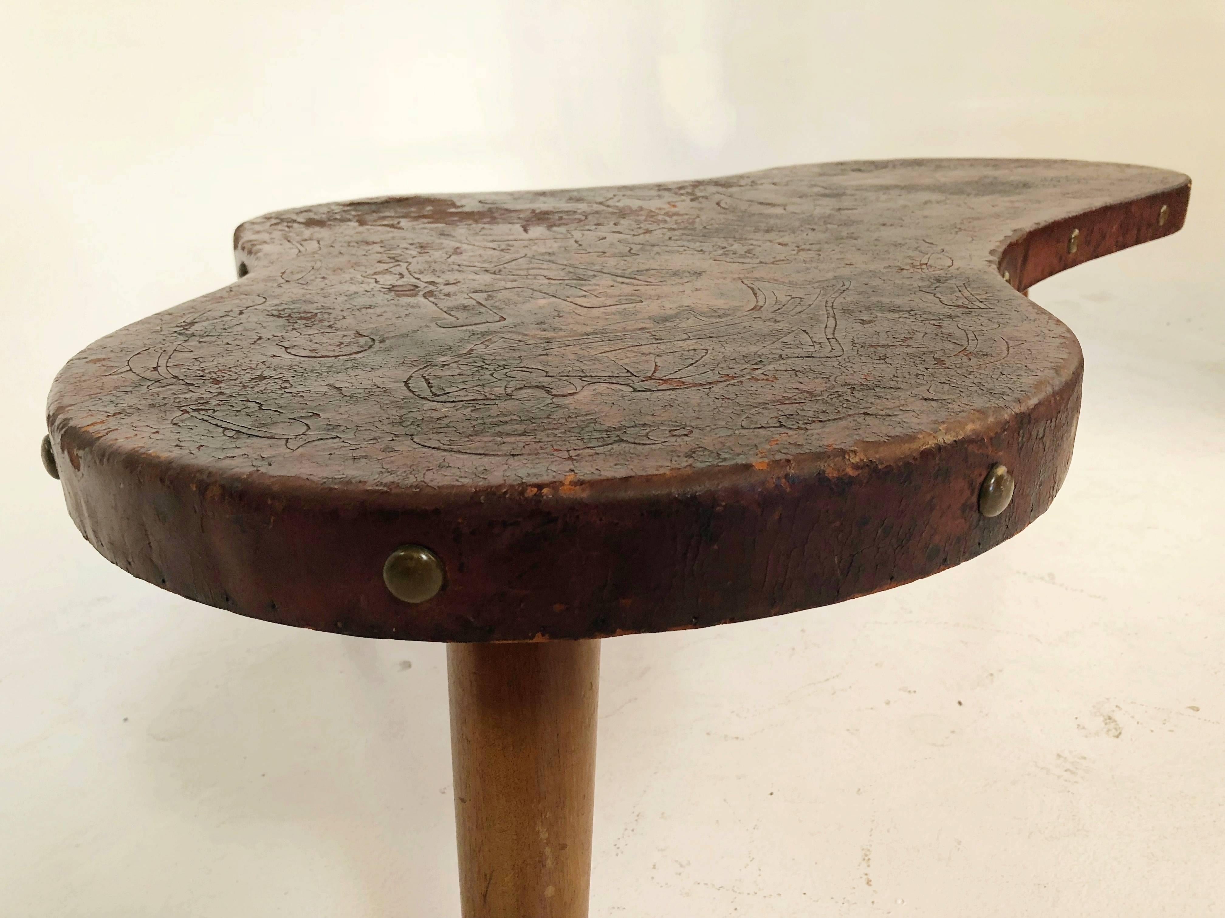 Rustic Peruvian Tooled Leather Coffee Table, Stamped, circa 1945