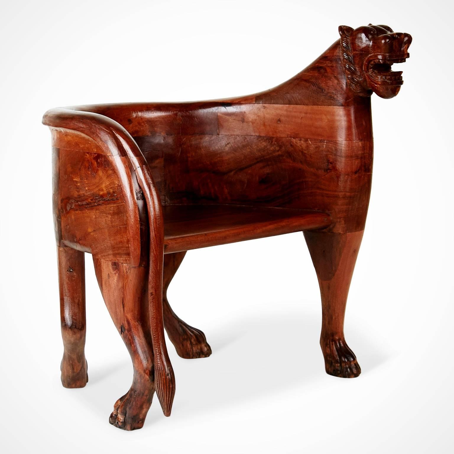 Figural Full Body Carved Teak Wood Lioness Club Chairs, Pair 4