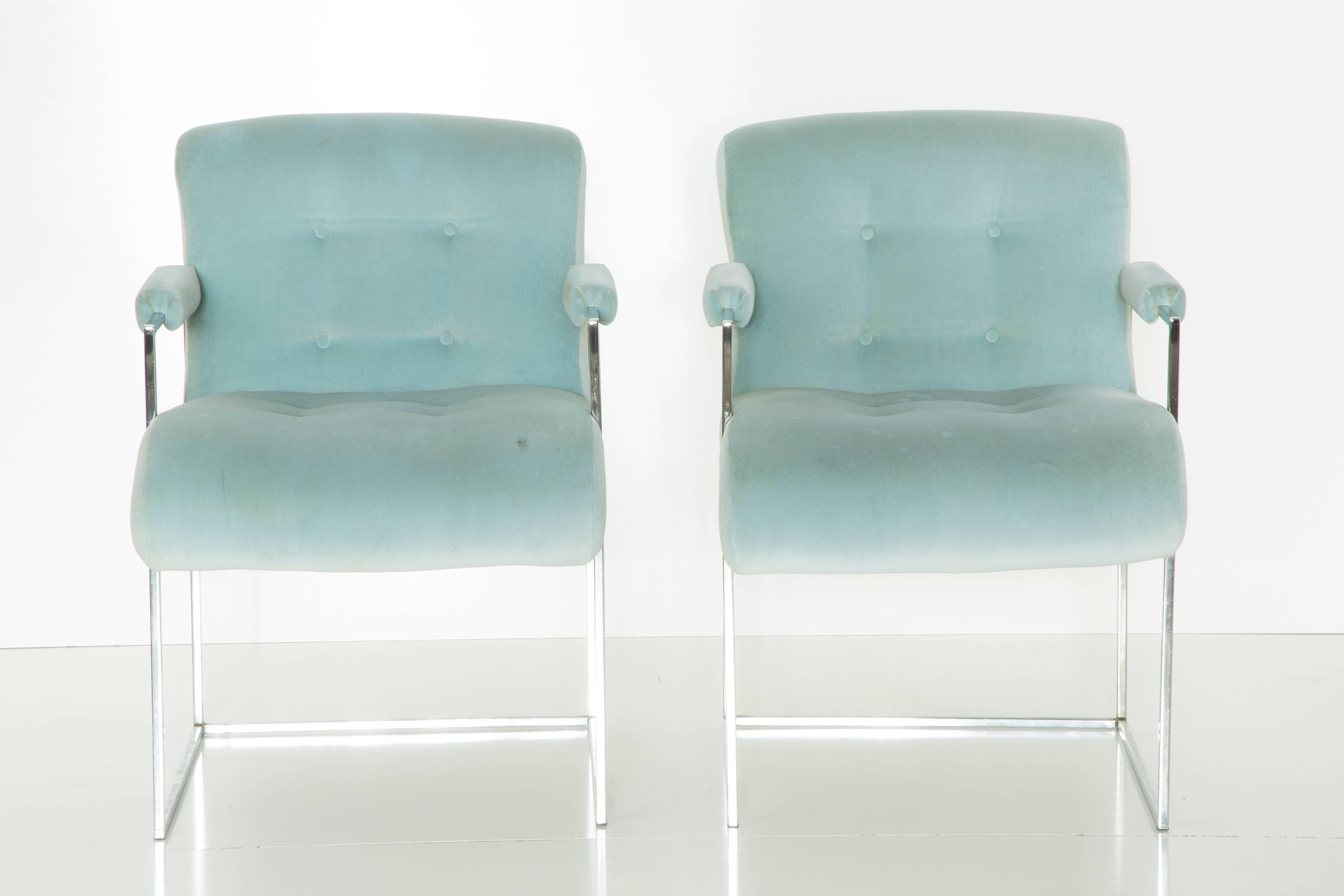 Mid-Century Modern Milo Baughman Light Blue Velvet Armchairs for Thayer Coggin