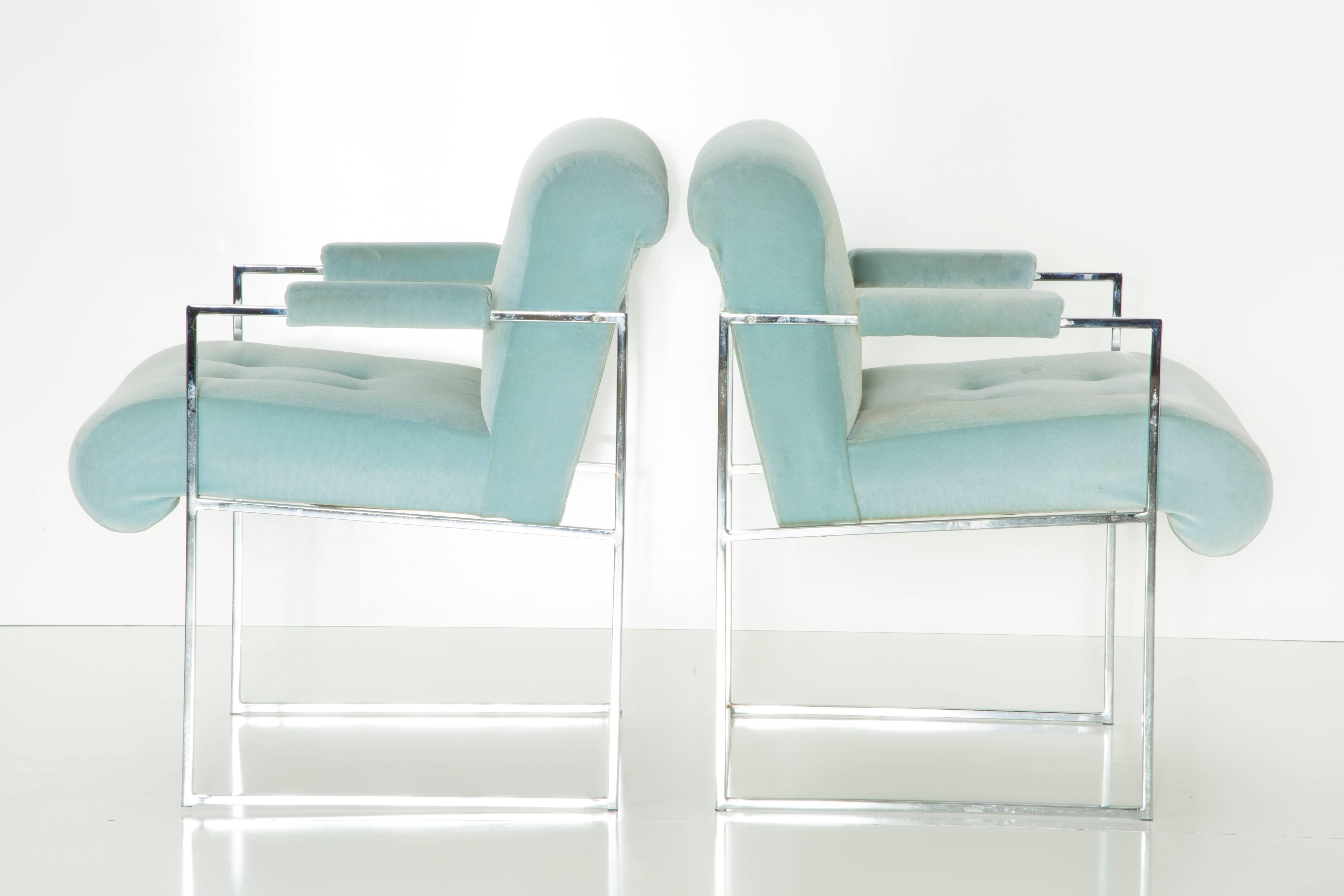 This iconic pair of Milo Baughman chairs are upholstered in a fantastic retro seafoam / sky blue velour upholstery with a chrome frame. Manufactured by Thayer Coggin.

