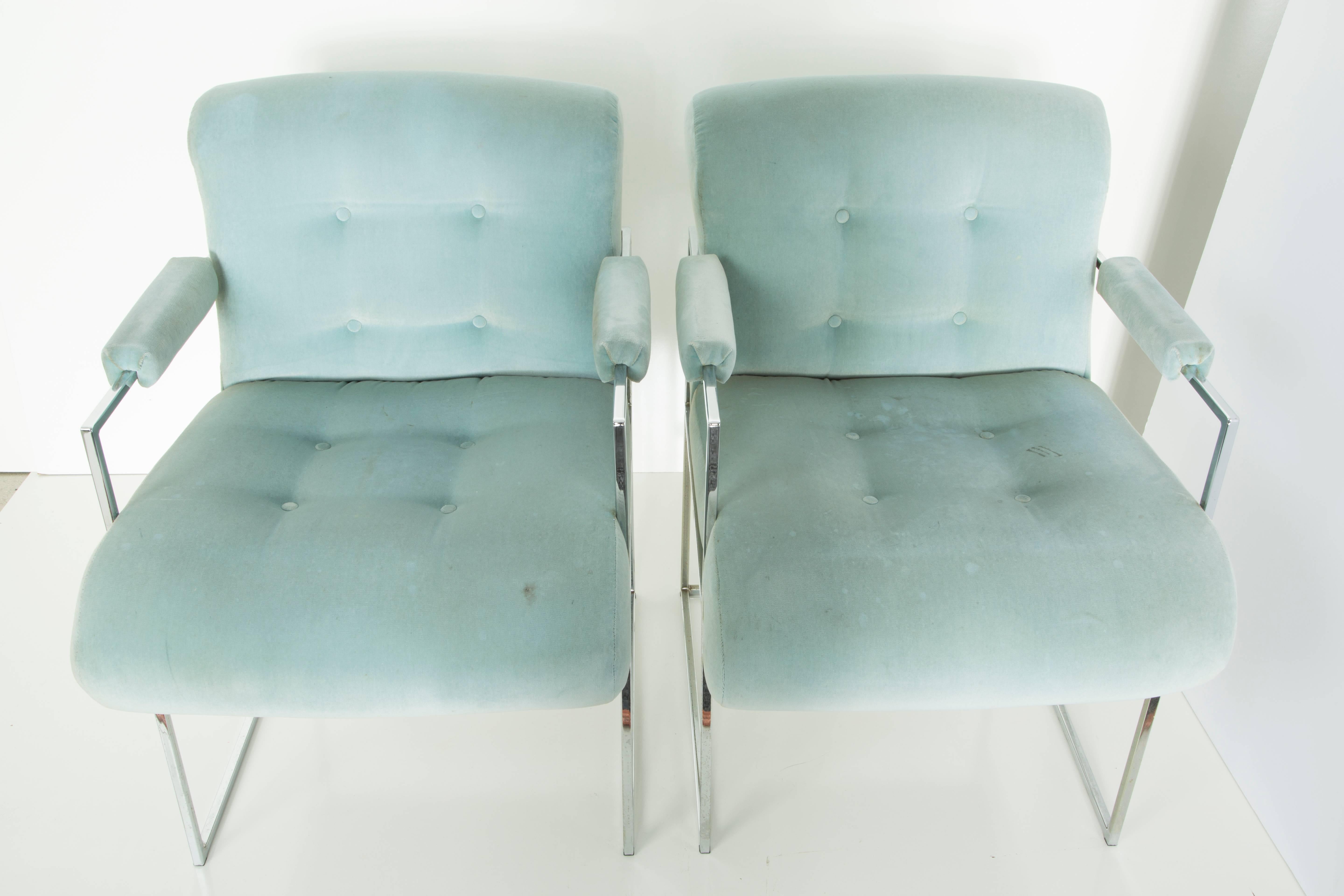 American Milo Baughman Light Blue Velvet Armchairs for Thayer Coggin