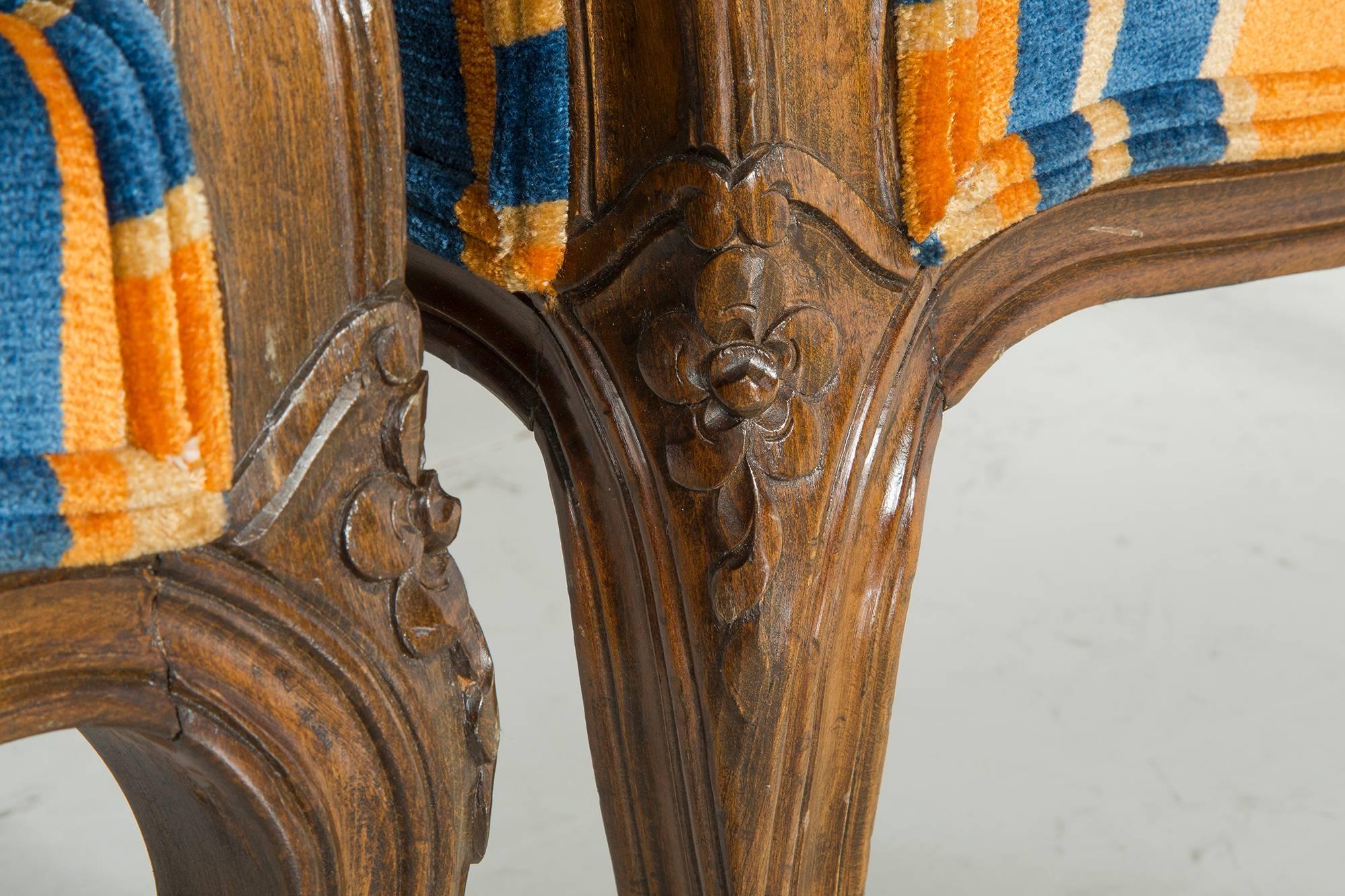 Rococo SEASONAL DEAL-Pair of 1940s Carved Walnut Italian Style Bergère Velvet Chairs 