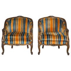 SEASONAL DEAL-Pair of 1940s Carved Walnut Italian Style Bergère Velvet Chairs 