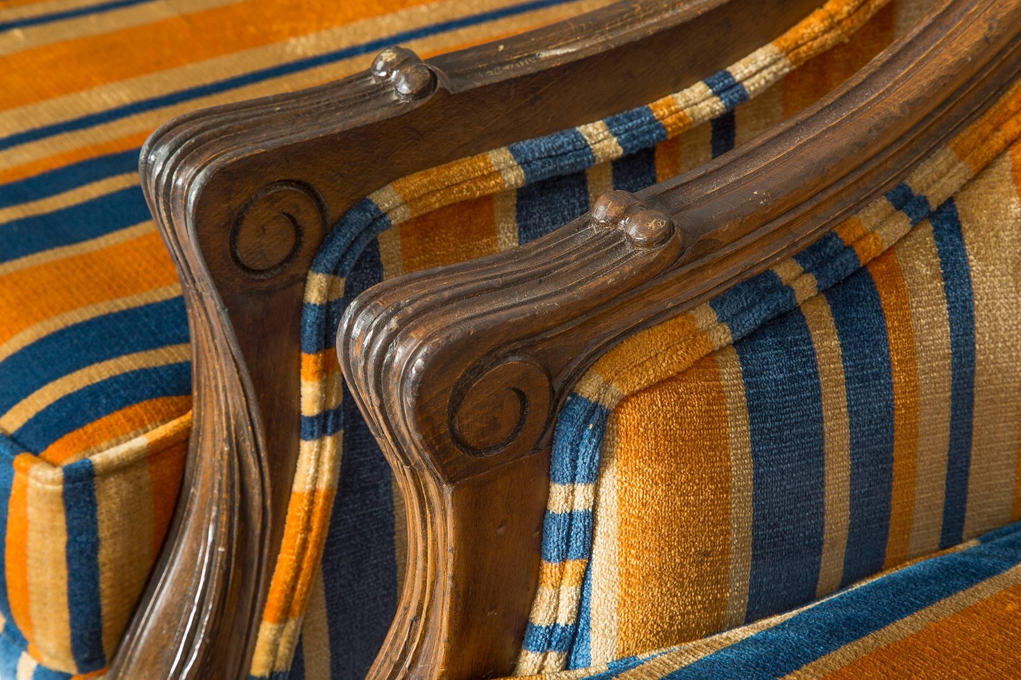 Mid-20th Century SEASONAL DEAL-Pair of 1940s Carved Walnut Italian Style Bergère Velvet Chairs 