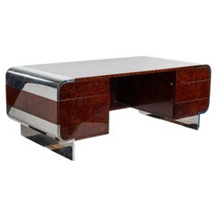Retro Leon Rosen for Pace Collection Burl & Chrome Waterfall Executive Desk, c 1970s