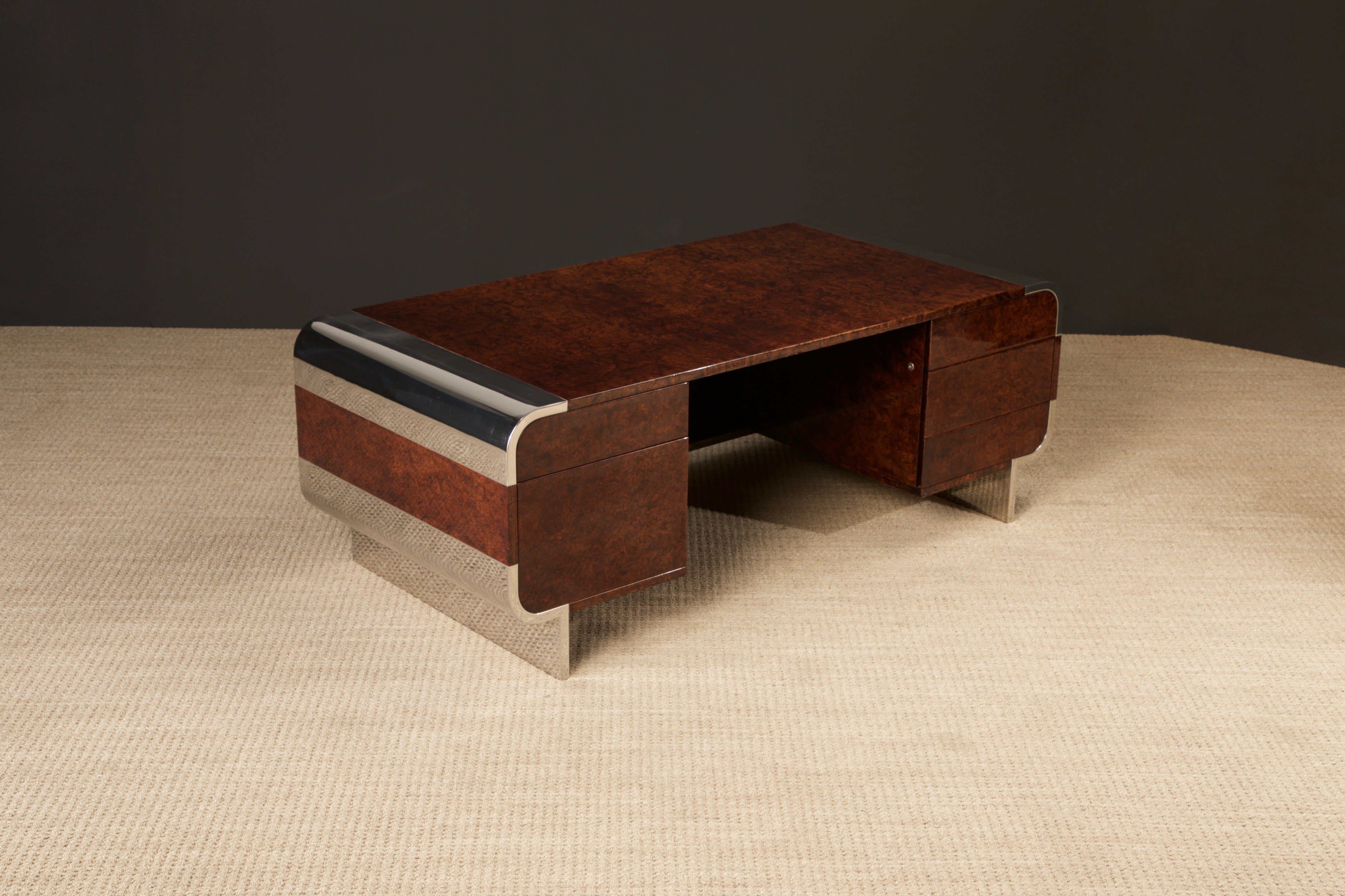 Leon Rosen for Pace Collection Burl & Chrome Waterfall Executive Desk, c 1970s In Good Condition In Los Angeles, CA