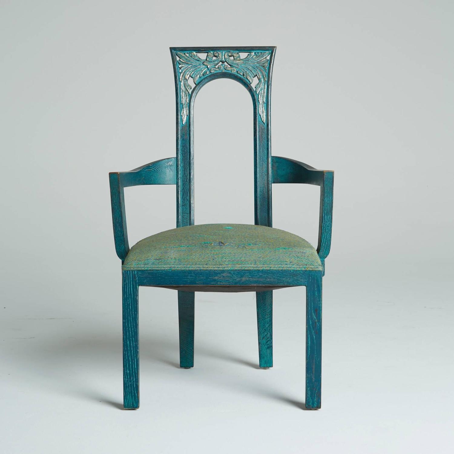 Set of Eight Carved Green Blue Dining Chairs by James Mont,1940s at 1stdibs