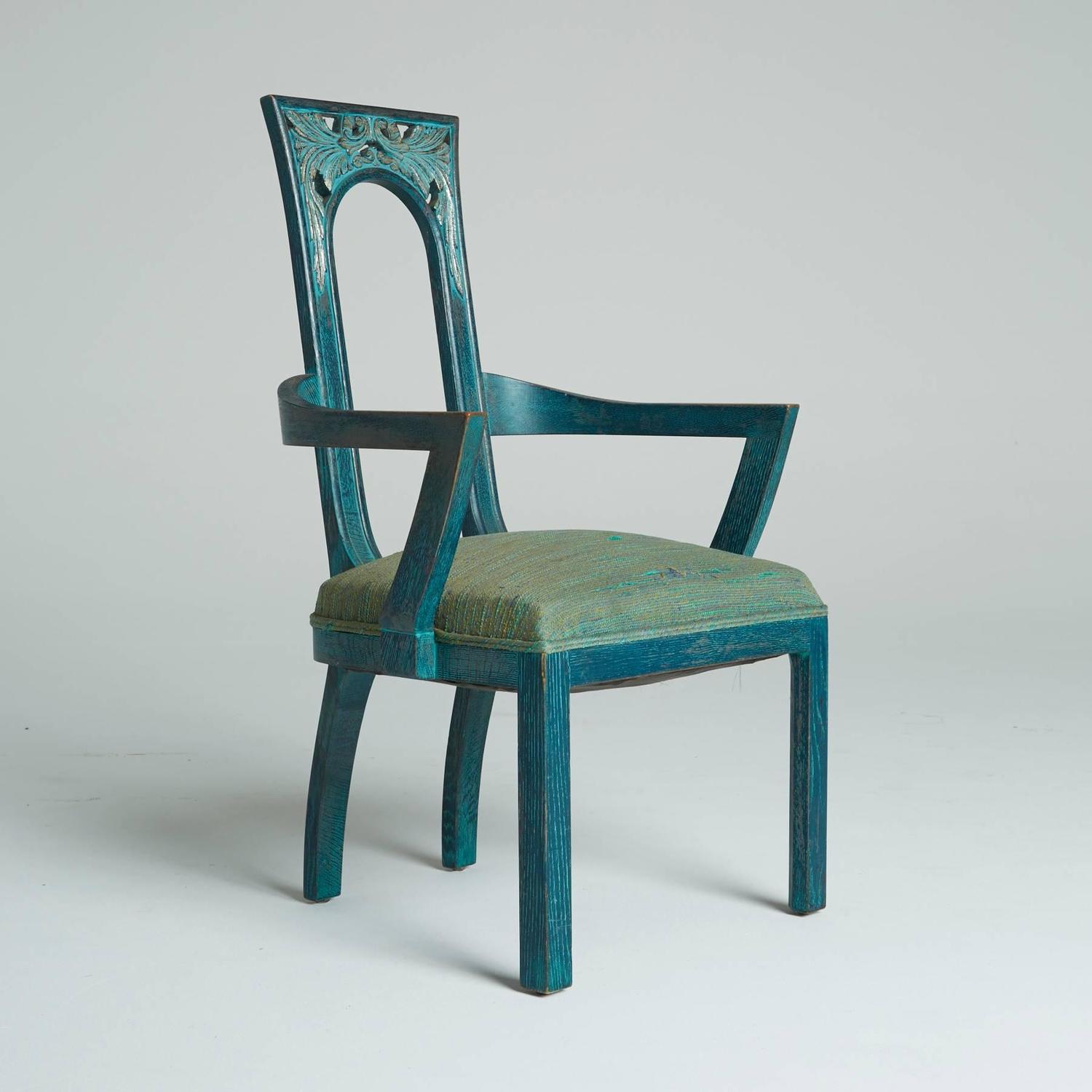 Set of Eight Carved Green Blue Dining Chairs by James Mont,1940s at 1stdibs
