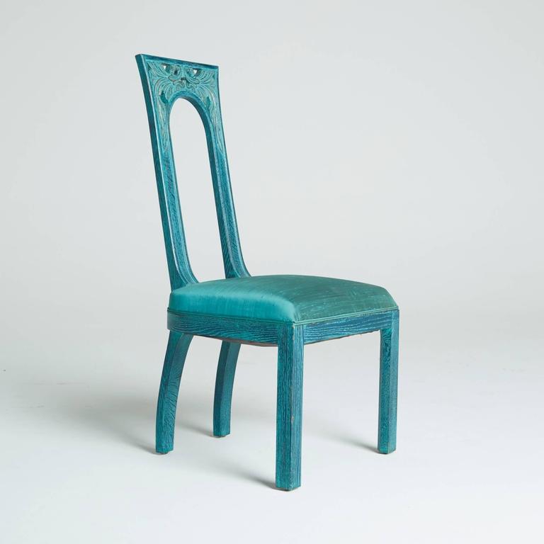 Set of Eight Carved Green Blue Dining Chairs by James Mont,1940s at 1stdibs