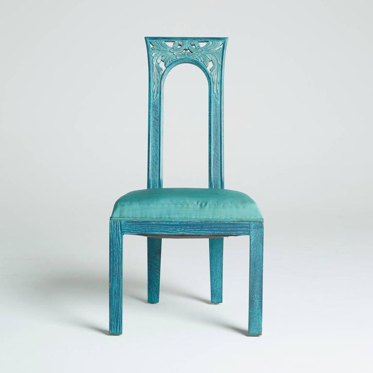 Set of Eight Carved Green Blue Dining Chairs by James Mont,1940s at 1stdibs
