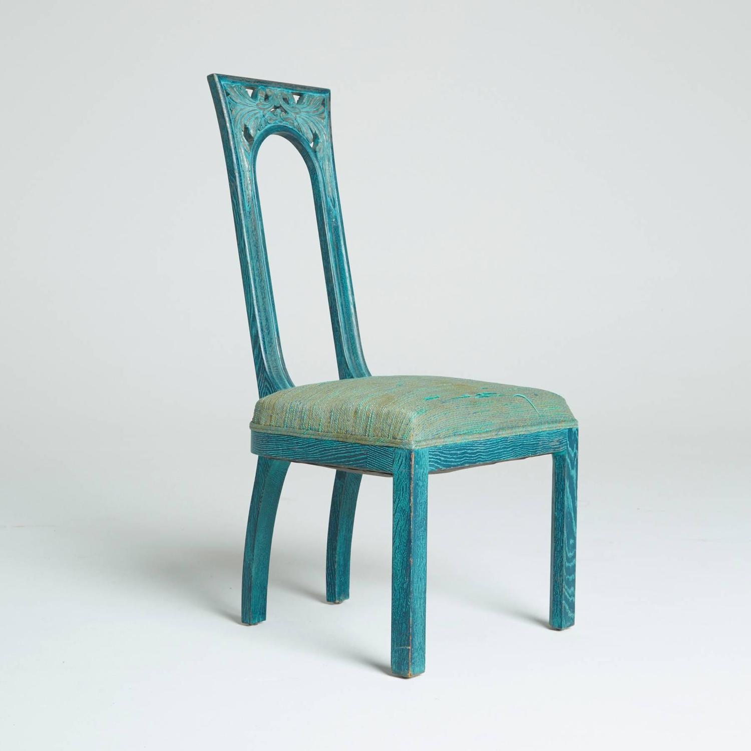 Set of Eight Carved Green Blue Dining Chairs by James Mont,1940s at 1stdibs