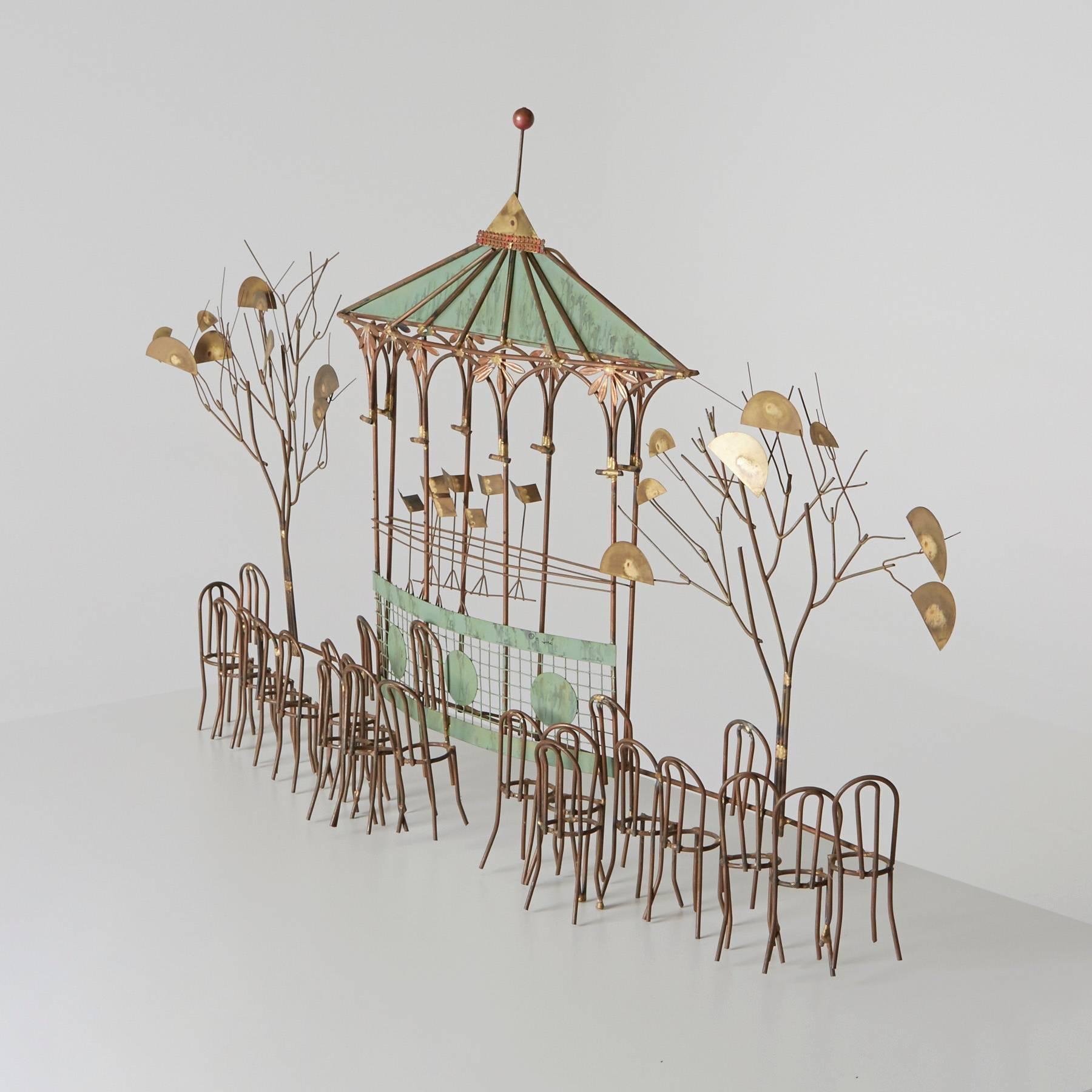 A copper wall sculpture with gilded accents, signed C. Jeré, by the esteemed duo Curtis Freiler and Jerry Fels, depicts an American bandstand scene; A serene setting of a gazebo and signature C. Jeré trees with leaf details and gold and green