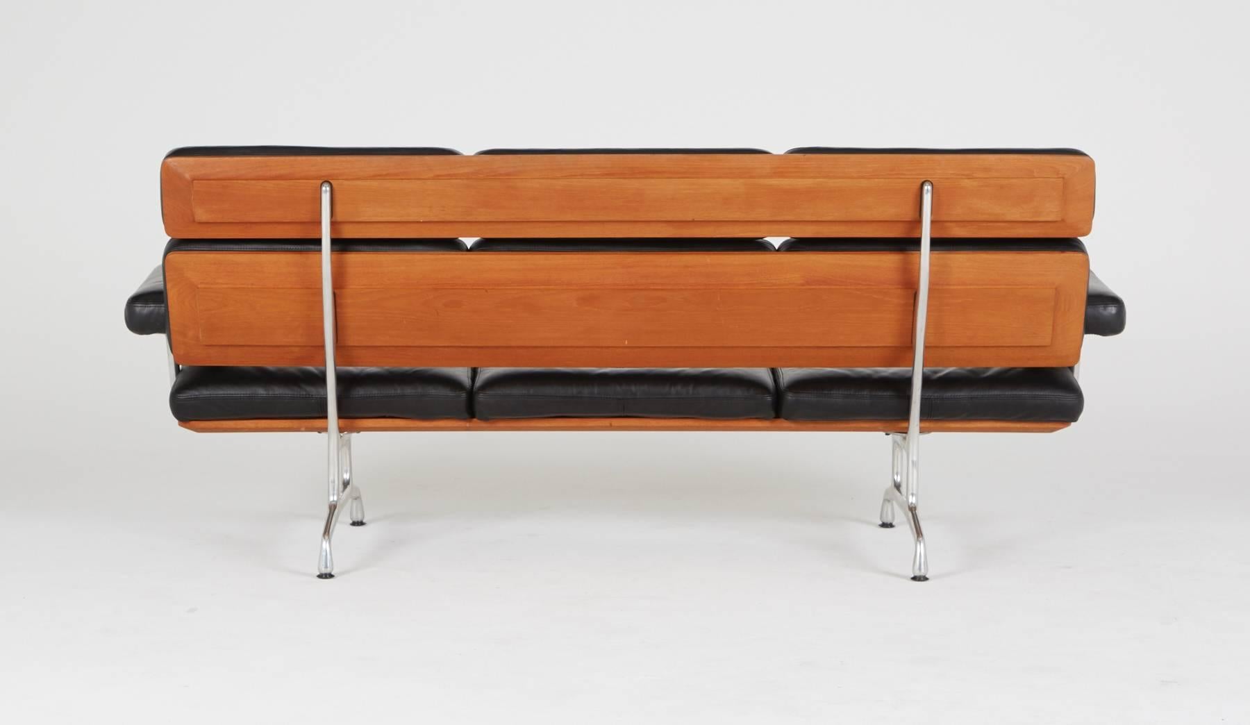Post-Modern Eames Sofa by Herman Miller, Black Leather and Teak