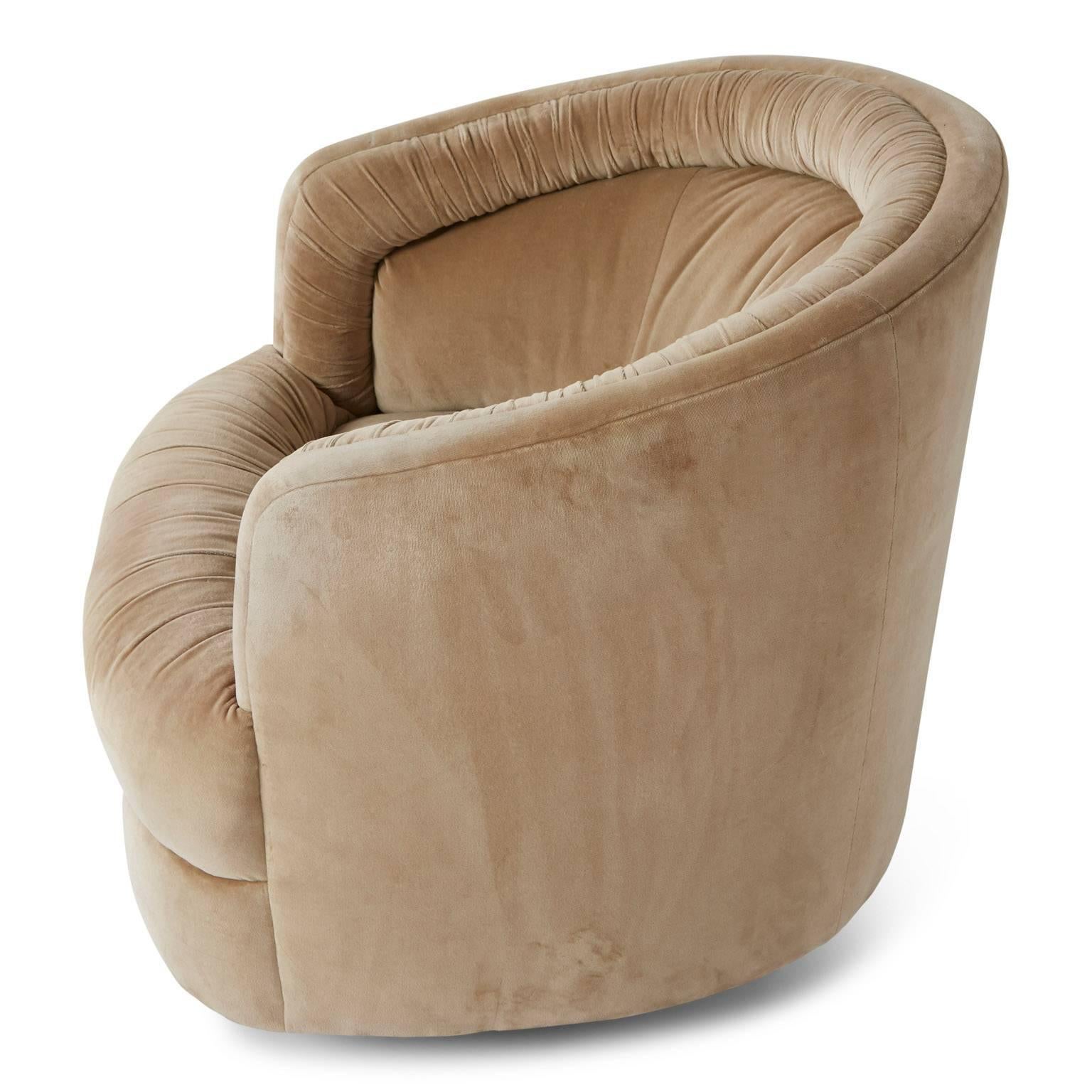 Modern Milo Baughman Style Velvet Swivel Barrel Chair Attributed to Steve Chase