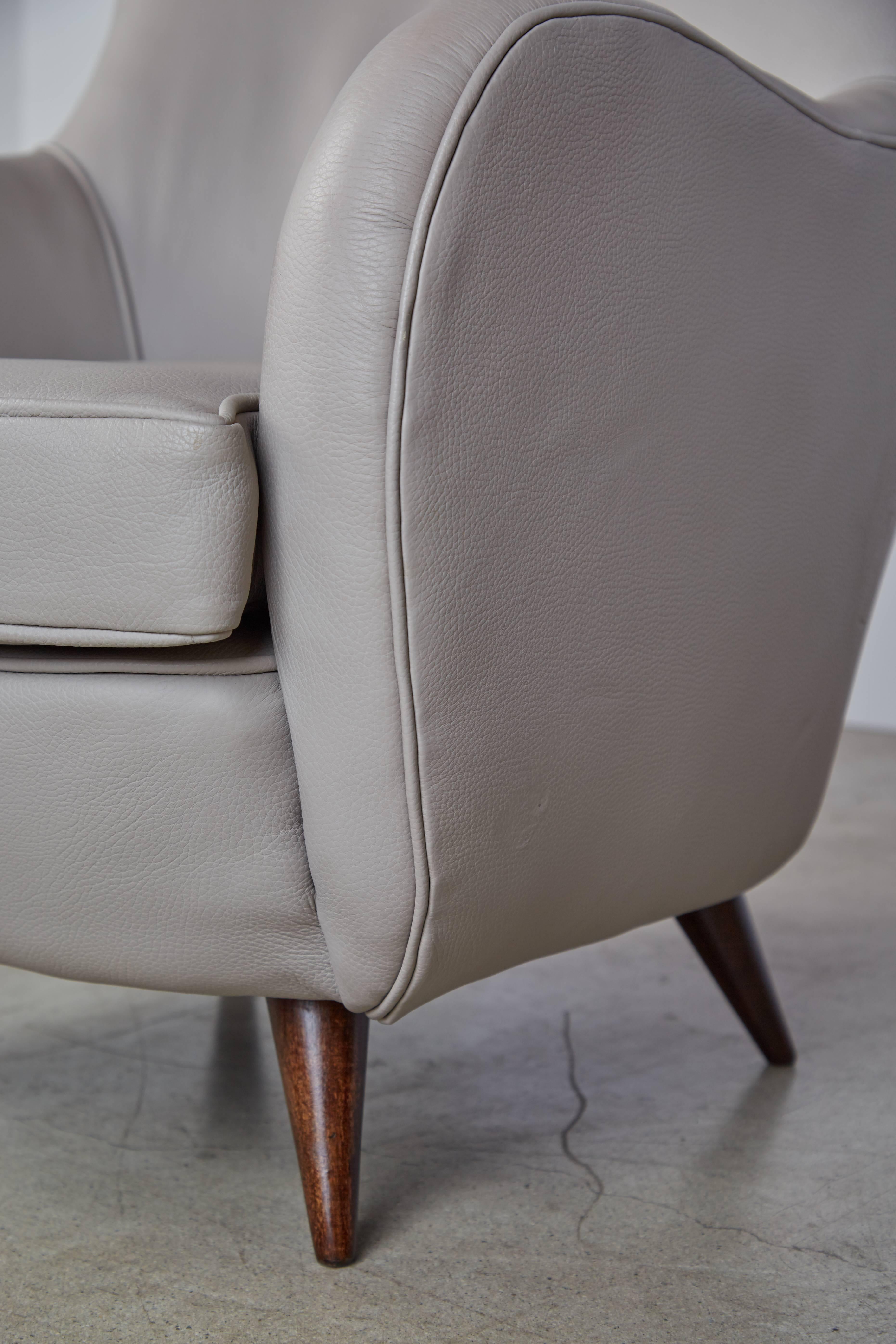 Pair of Brazilian Caviuna Wood and Gray Leather Armchairs, circa 1960 In Excellent Condition In Los Angeles, CA