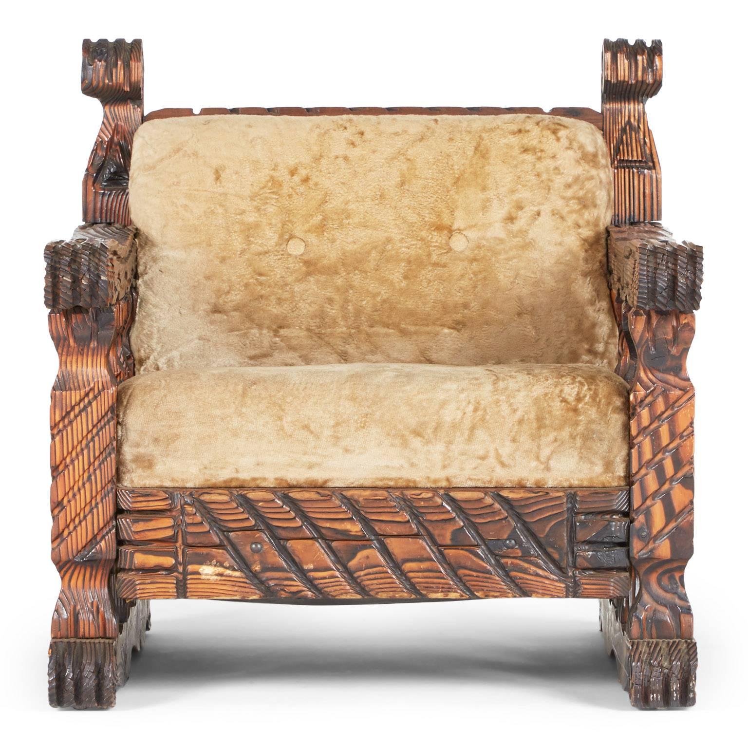 These two (2) ornately crafted red walnut armchairs with carved exotic details are a testament to William Westenhaver's Modern Primitive creations. Westenhaver joined forces with Western International Trading Company in 1957 to bring his vision of