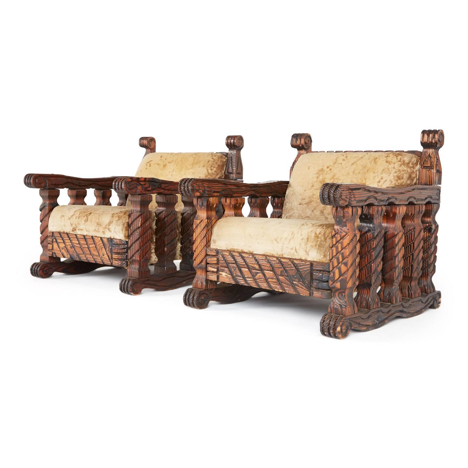 Velvet Carved Tiki Arm Chairs by William Westenhaver for WITCO, Pair, circa 1950