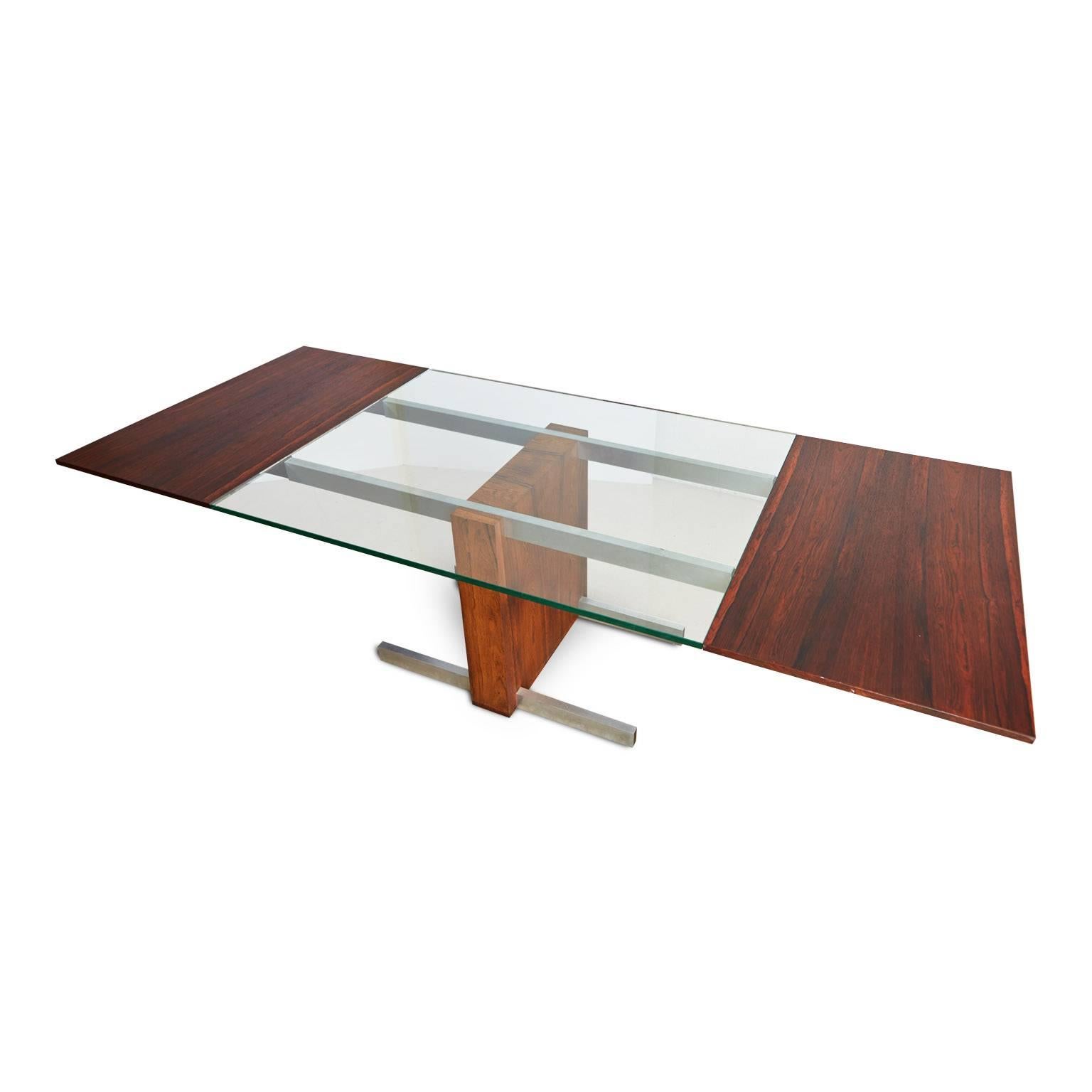 Vladimir Kagan Rosewood, Chrome and Glass Extension Dining Table, circa 1970 In Excellent Condition In Los Angeles, CA