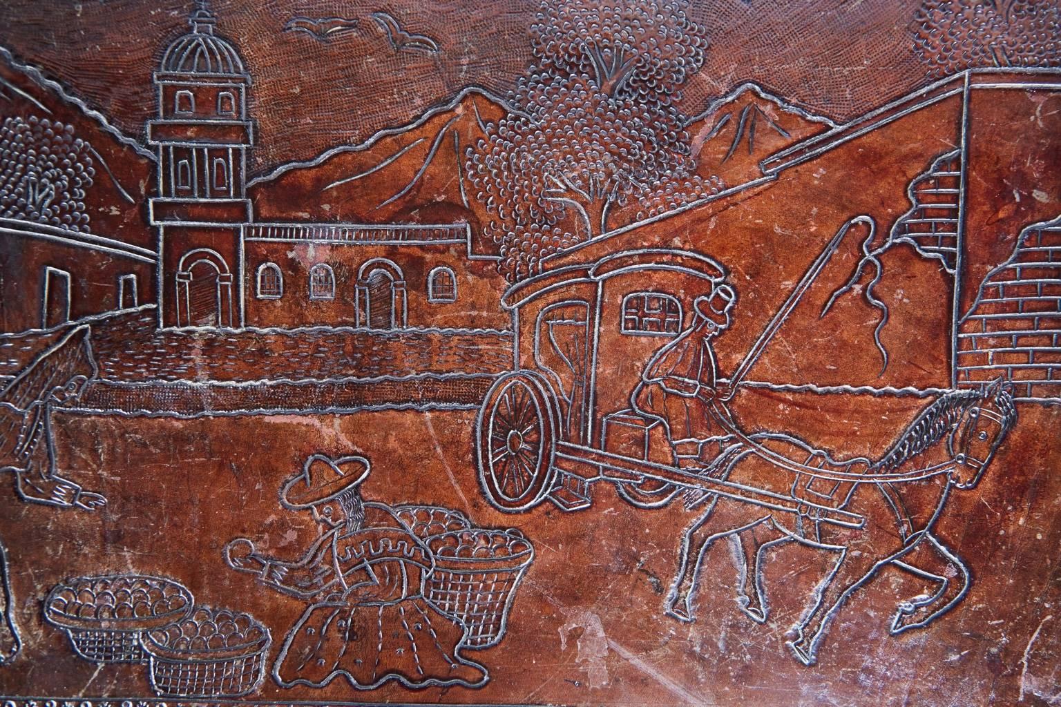 Spanish Baroque Tooled Leather Bench or Coffee Table, Colonial Missionary Scene In Good Condition In Los Angeles, CA