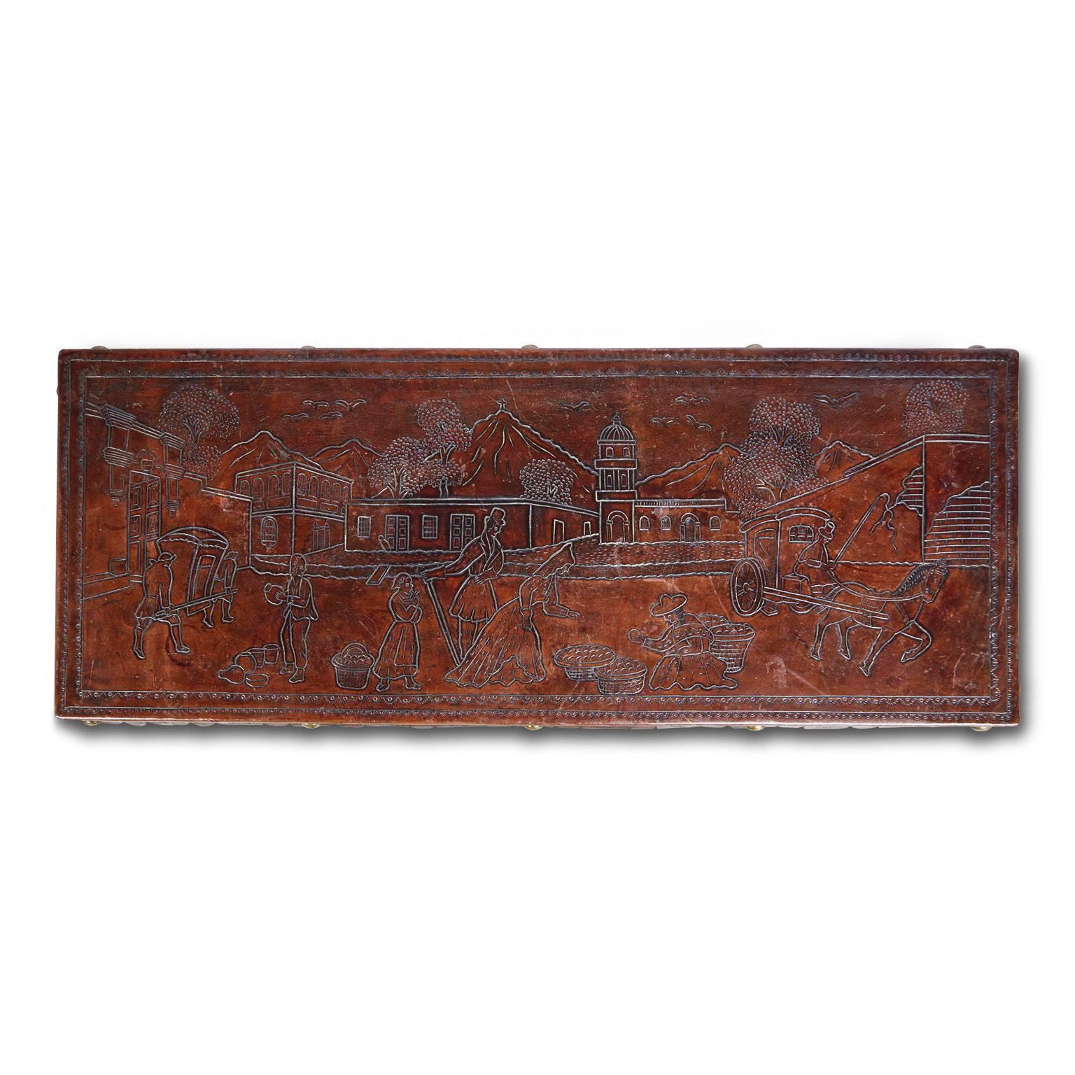 Spanish Colonial Spanish Baroque Tooled Leather Bench or Coffee Table, Colonial Missionary Scene