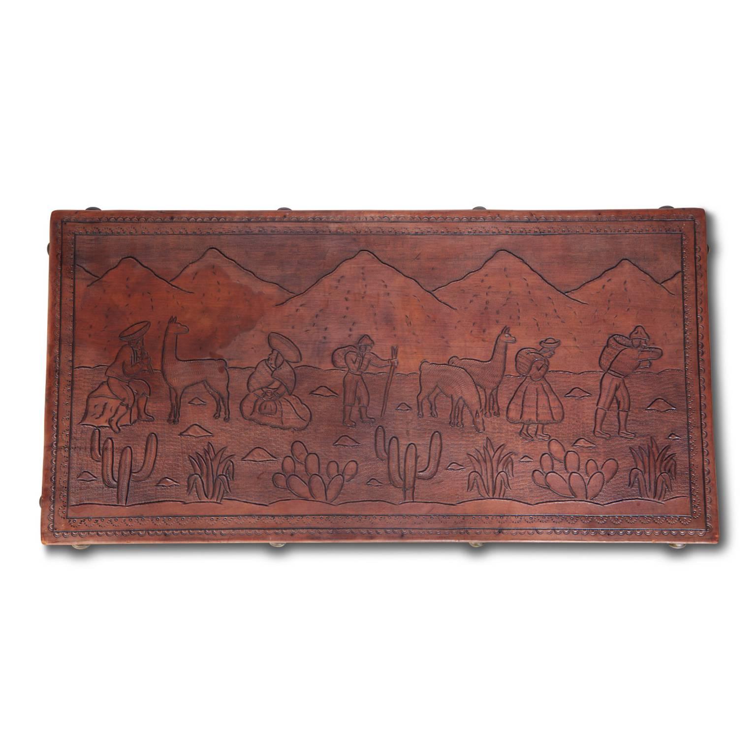 Spanish Colonial Tooled Leather Bench or Coffee Table with South American Landscape