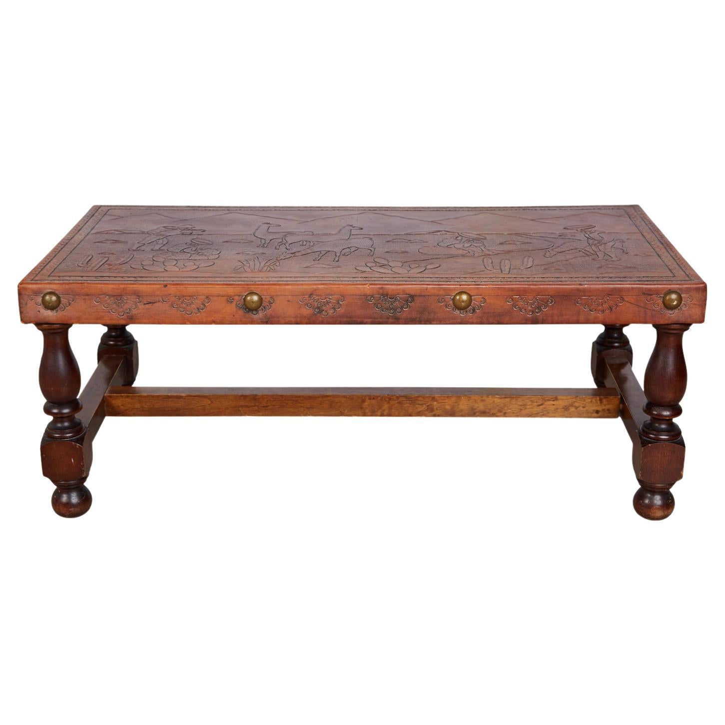 Peruvian Tooled Leather Bench or Coffee Table with South American Landscape