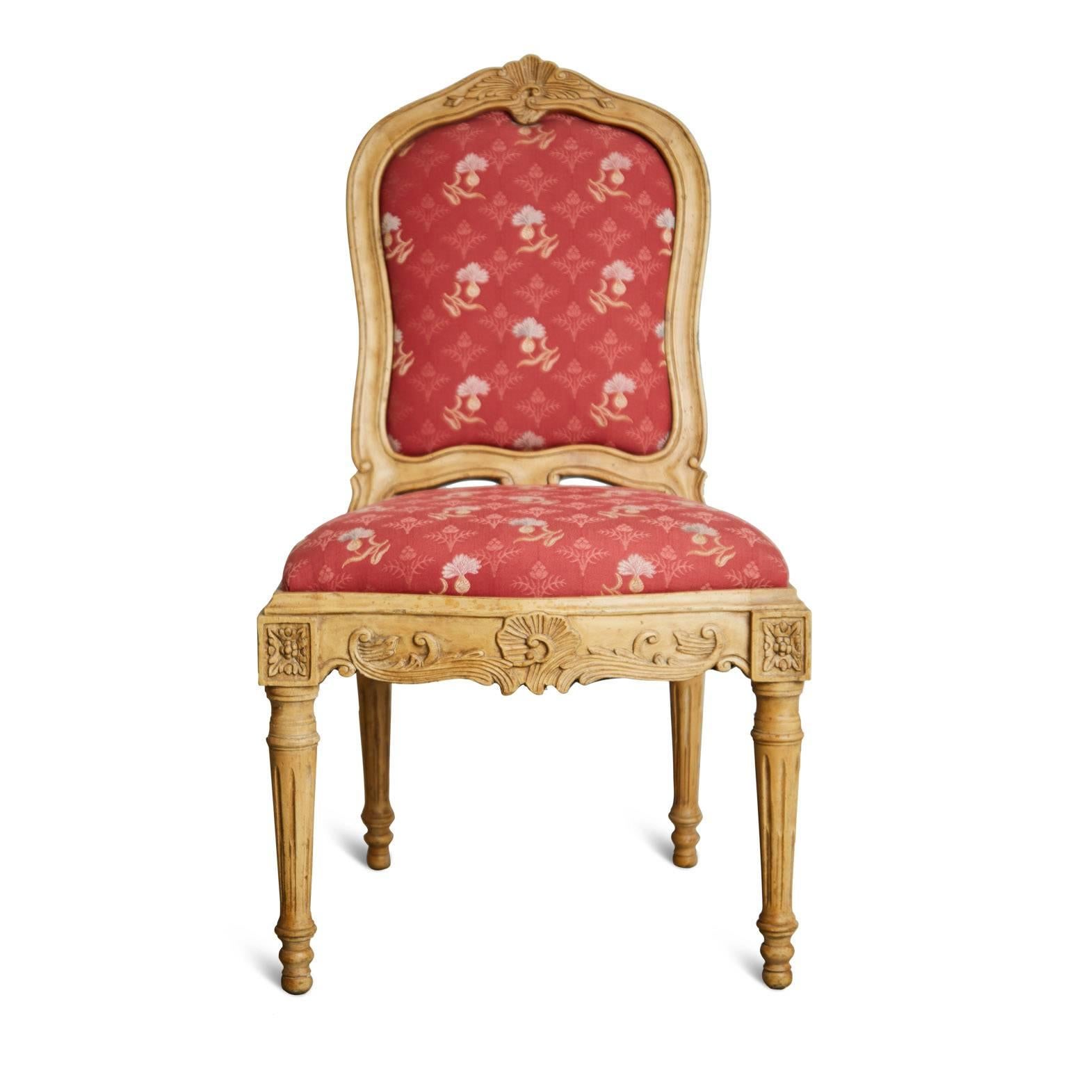 Set of six (6) Renaissance Revival side or dining chairs in the style of Louis XIV. This ornate group would inject some French sophistication in to any interior as well as providing a comfortable seat. These elegant chairs possess graceful usage of