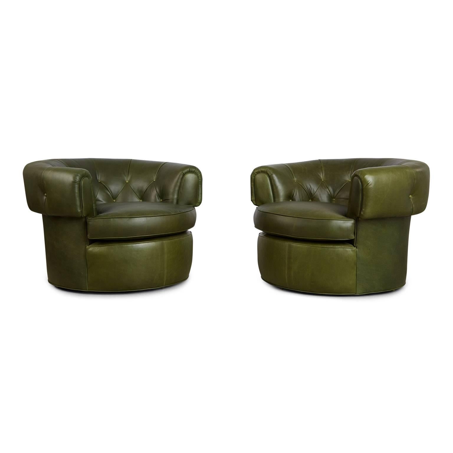 Pair of 1950s Tufted Barrel Chairs in Forest Green Leather, Restored 2