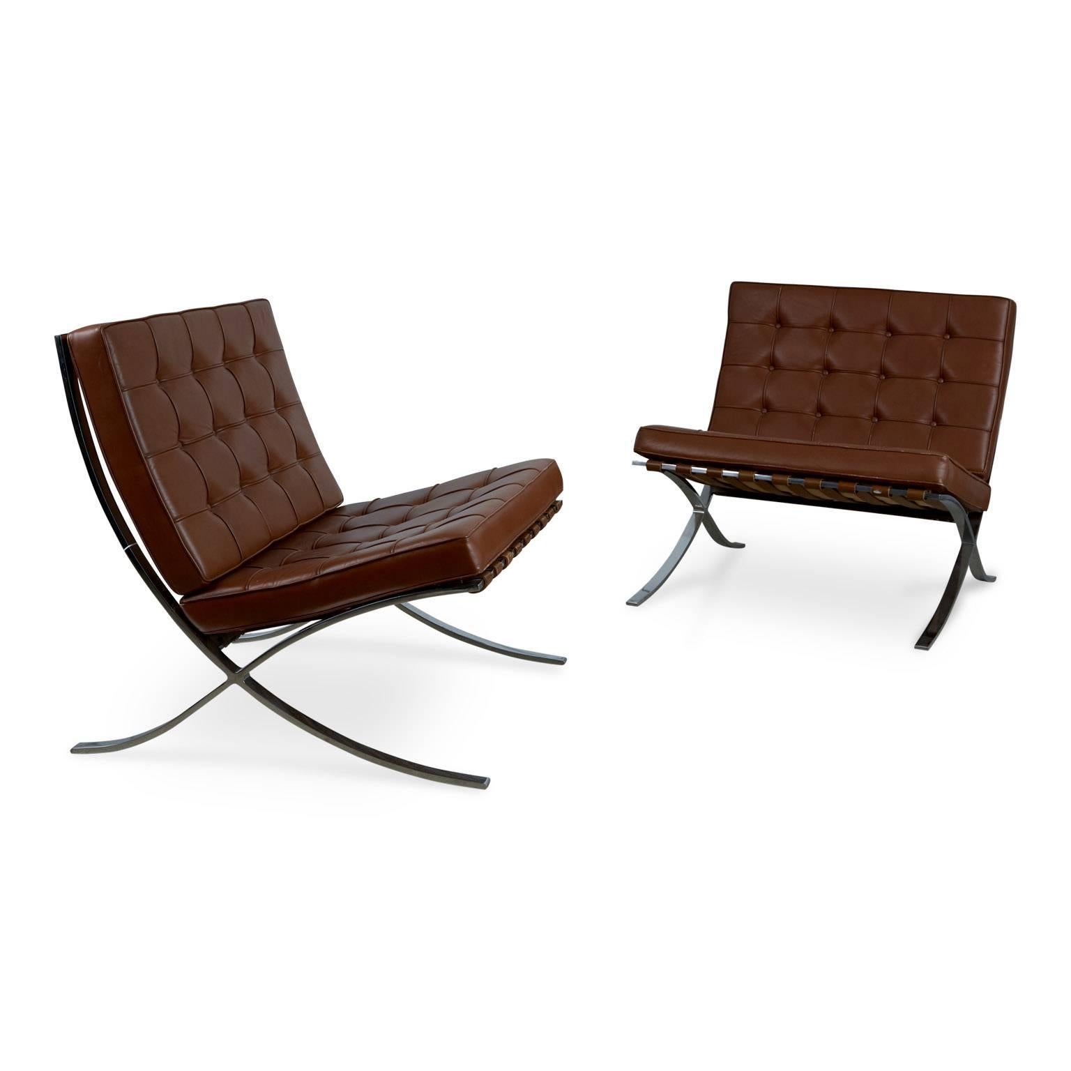 Leather Triple Signed Pair of Barcelona Chairs by Mies Van Der Rohe for Knoll Int, 1978