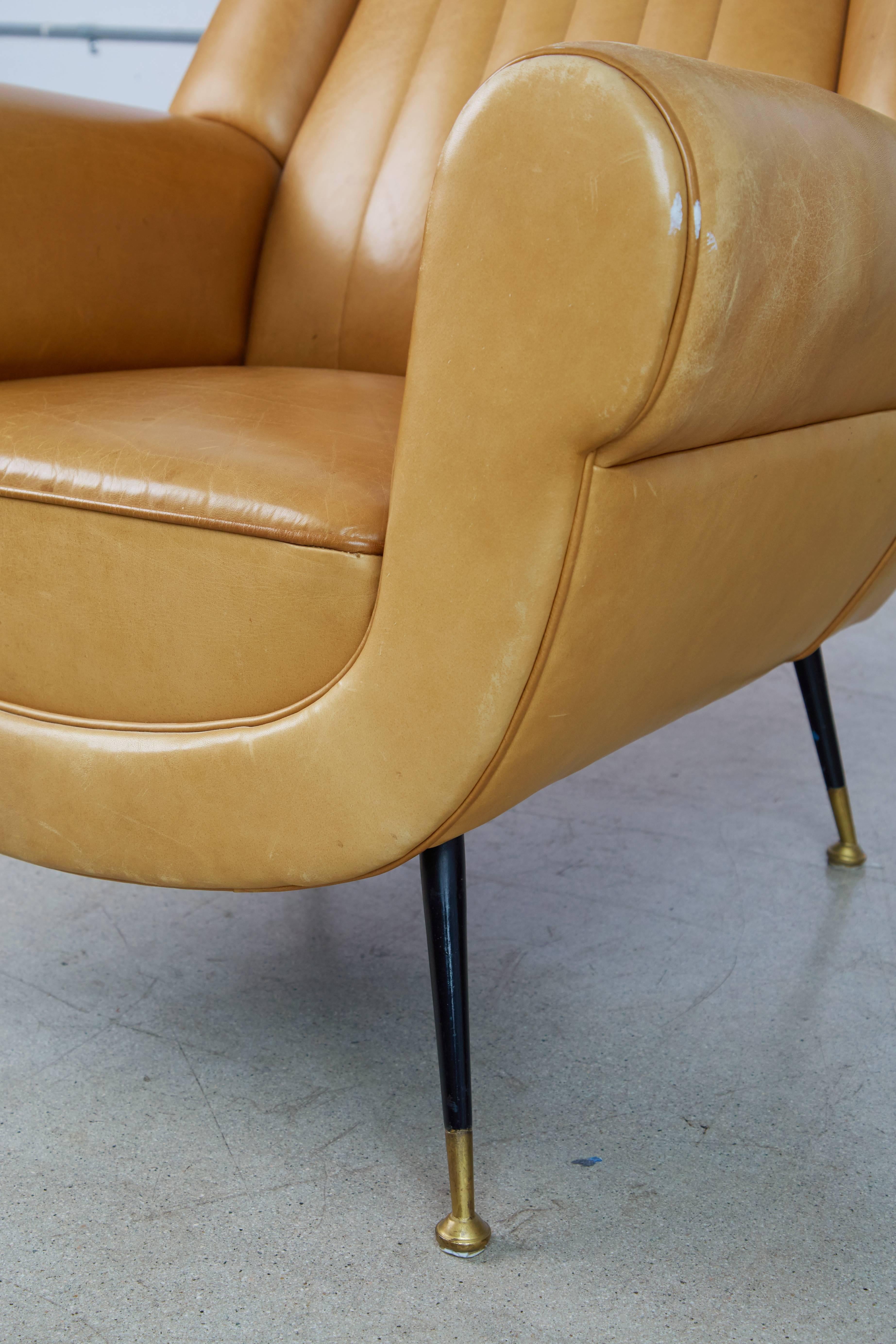 Brass Gigi Radice for Minotti Leather Wingback Chairs, Pair, Italy circa 1960