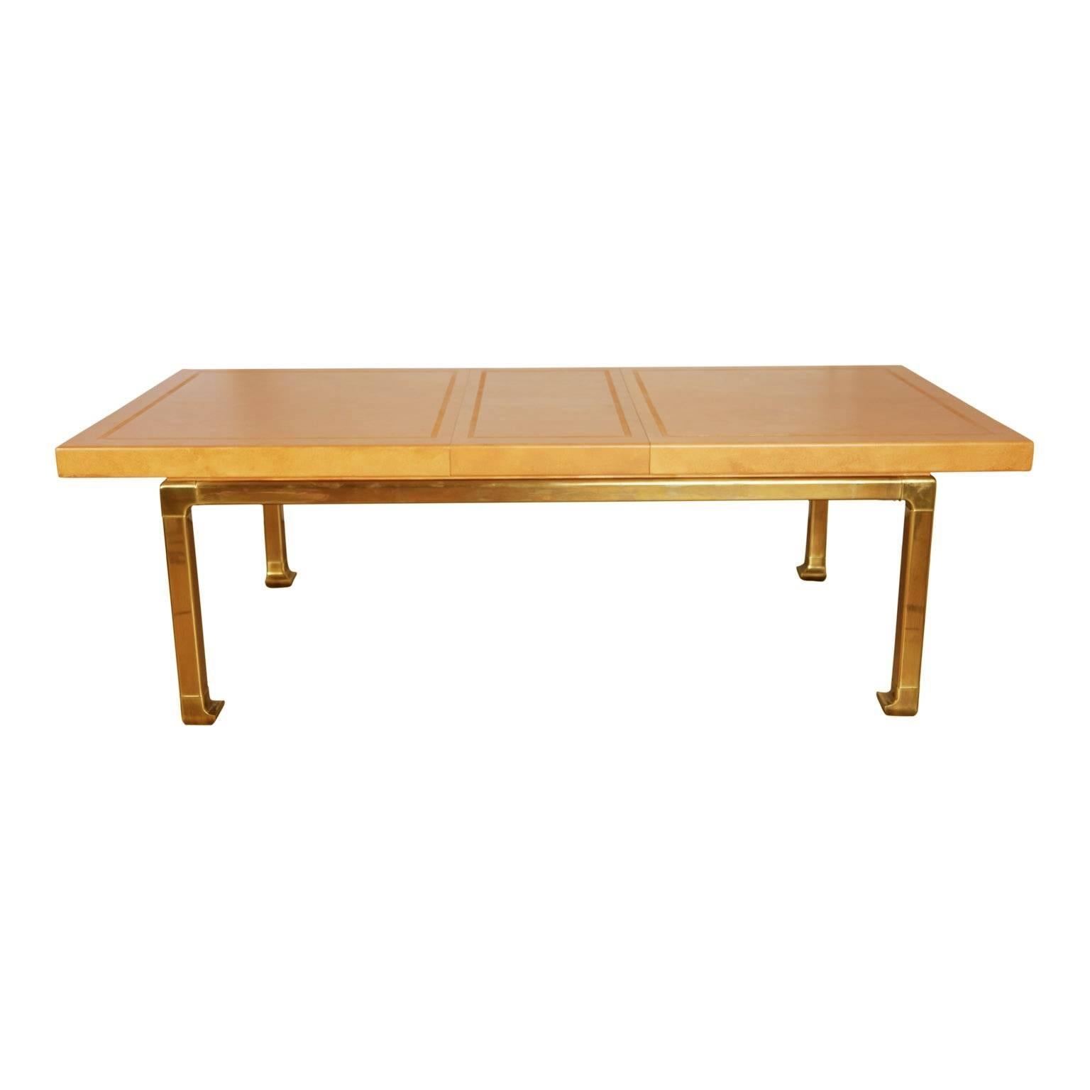 Mid-Century Modern Custom Mastercraft Lacquered Faux Ostrich Skin & Brass Expandable Dining Table 