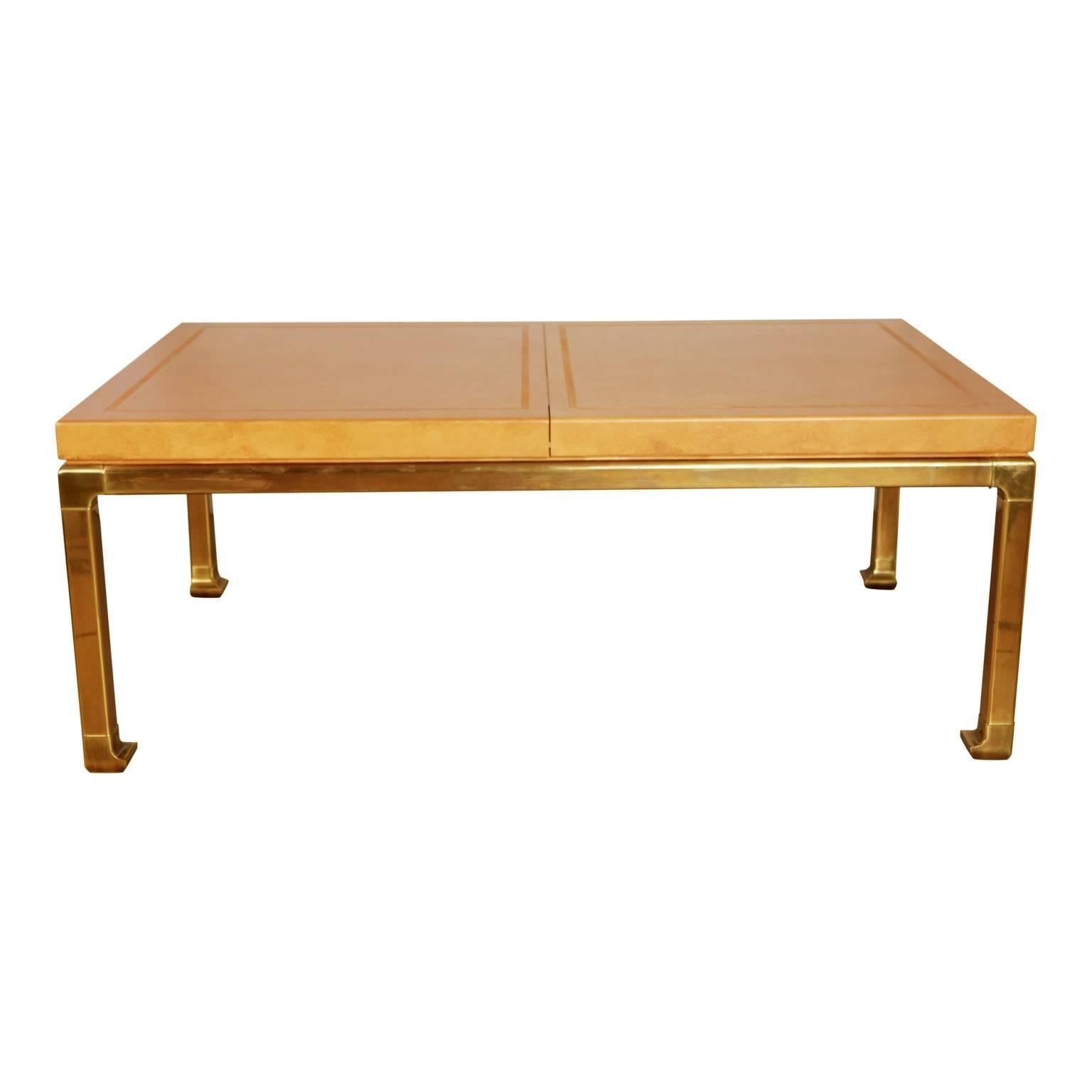 American Custom Mastercraft Lacquered Faux Ostrich Skin & Brass Expandable Dining Table 