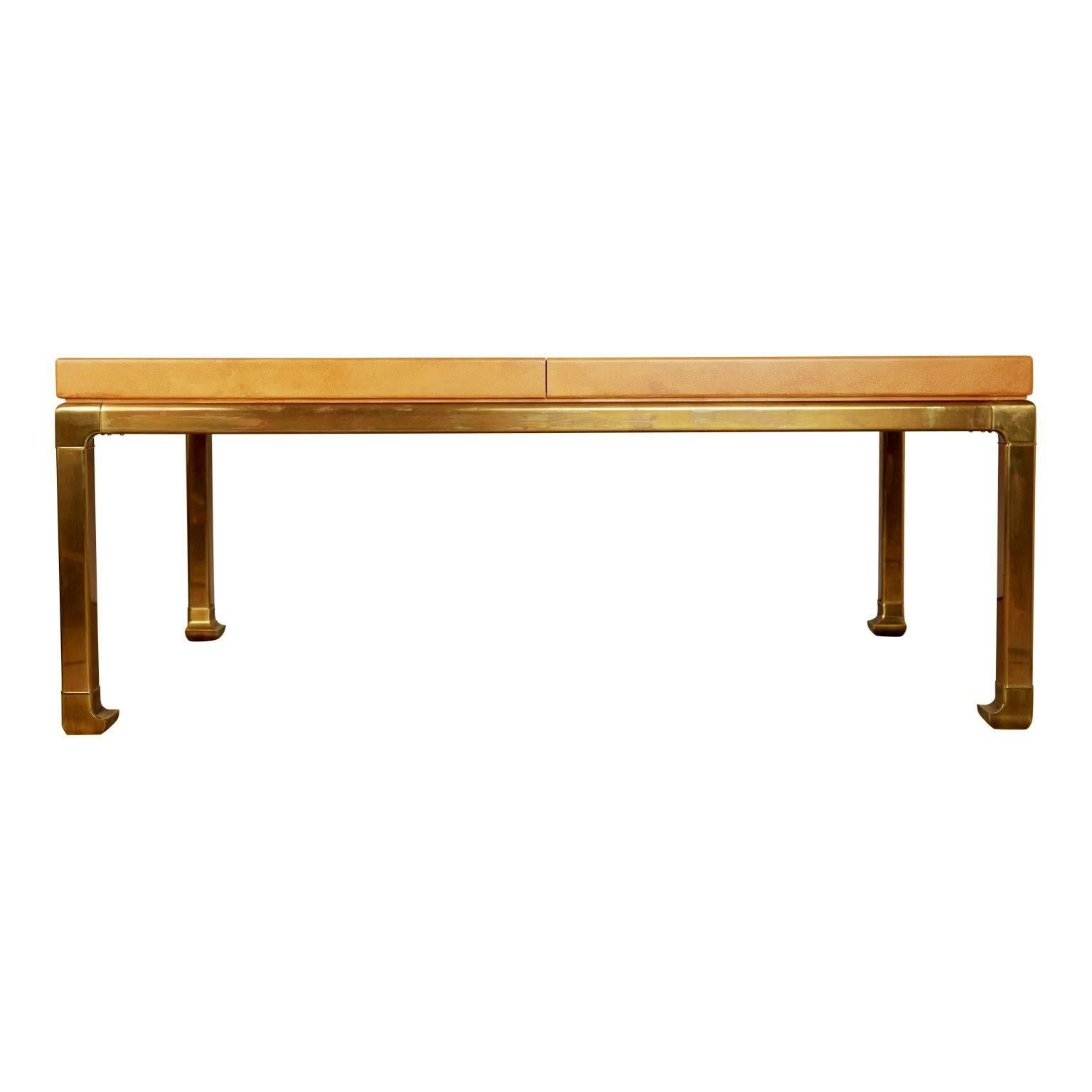 Late 20th Century Custom Mastercraft Lacquered Faux Ostrich Skin & Brass Expandable Dining Table 
