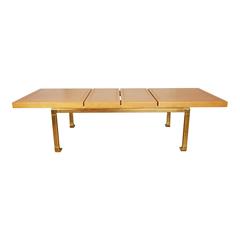 Used Custom Mastercraft Lacquered Faux Ostrich Skin & Brass Expandable Dining Table 
