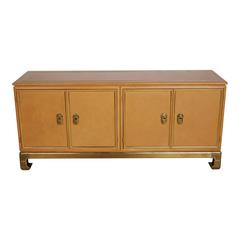 Mastercraft Lacquered Faux Ostrich Skin & Brass Credenza, circa 1970