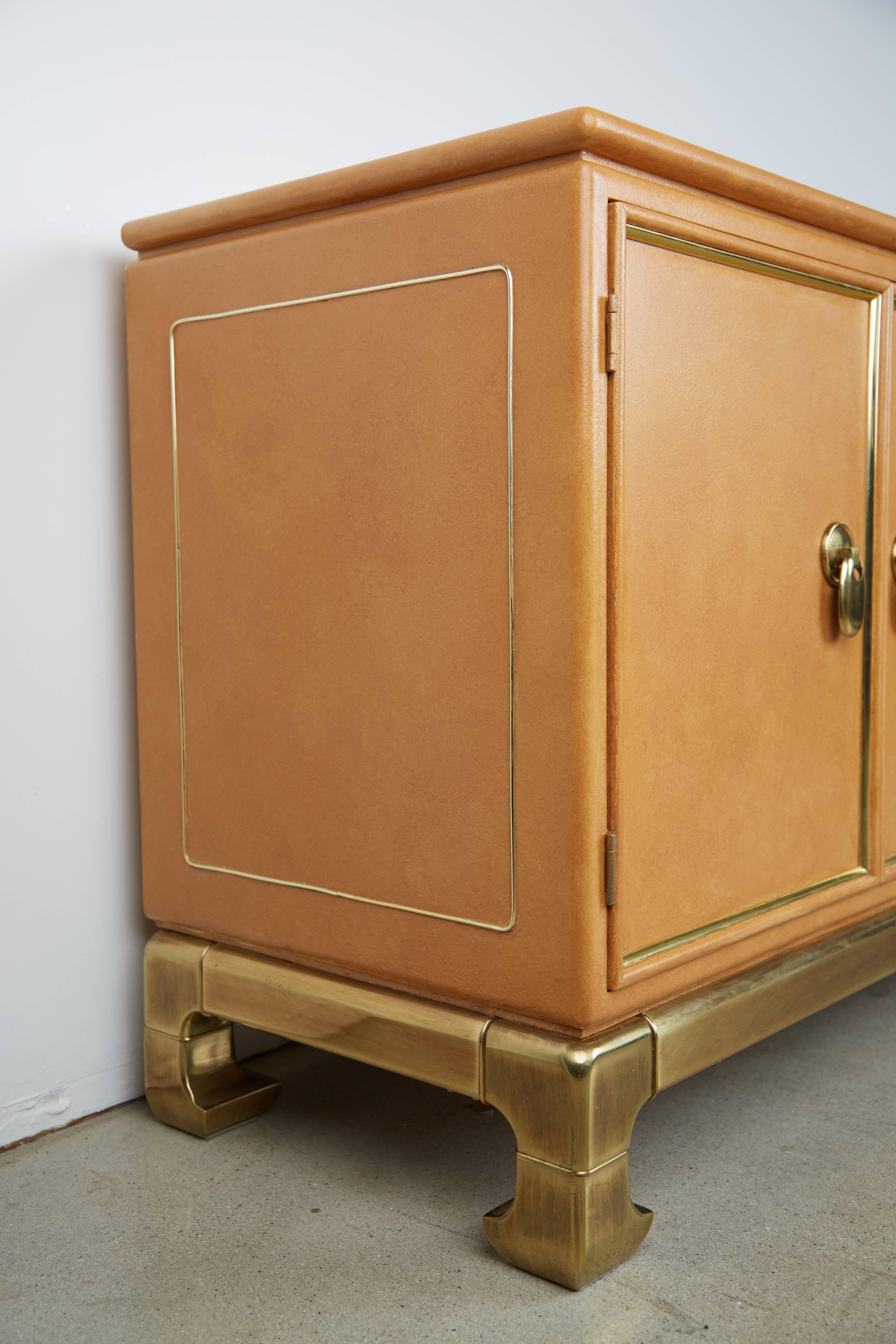 Mastercraft Lacquered Faux Ostrich Skin & Brass Credenza, circa 1970 In Excellent Condition In Los Angeles, CA