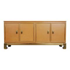 Mastercraft Lacquered Faux Ostrich Skin & Brass Credenza, circa 1970