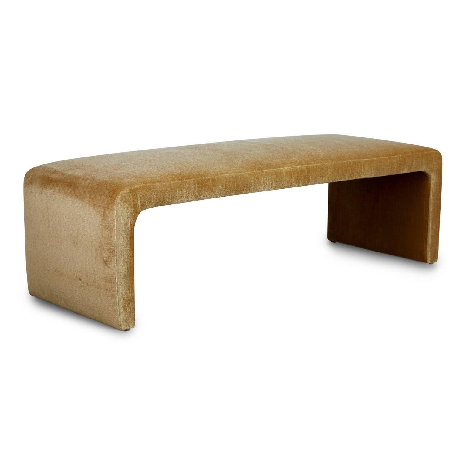 Modern Waterfall Benches Newly Upholstered in Schumacher Gold Velvet In Excellent Condition In Los Angeles, CA