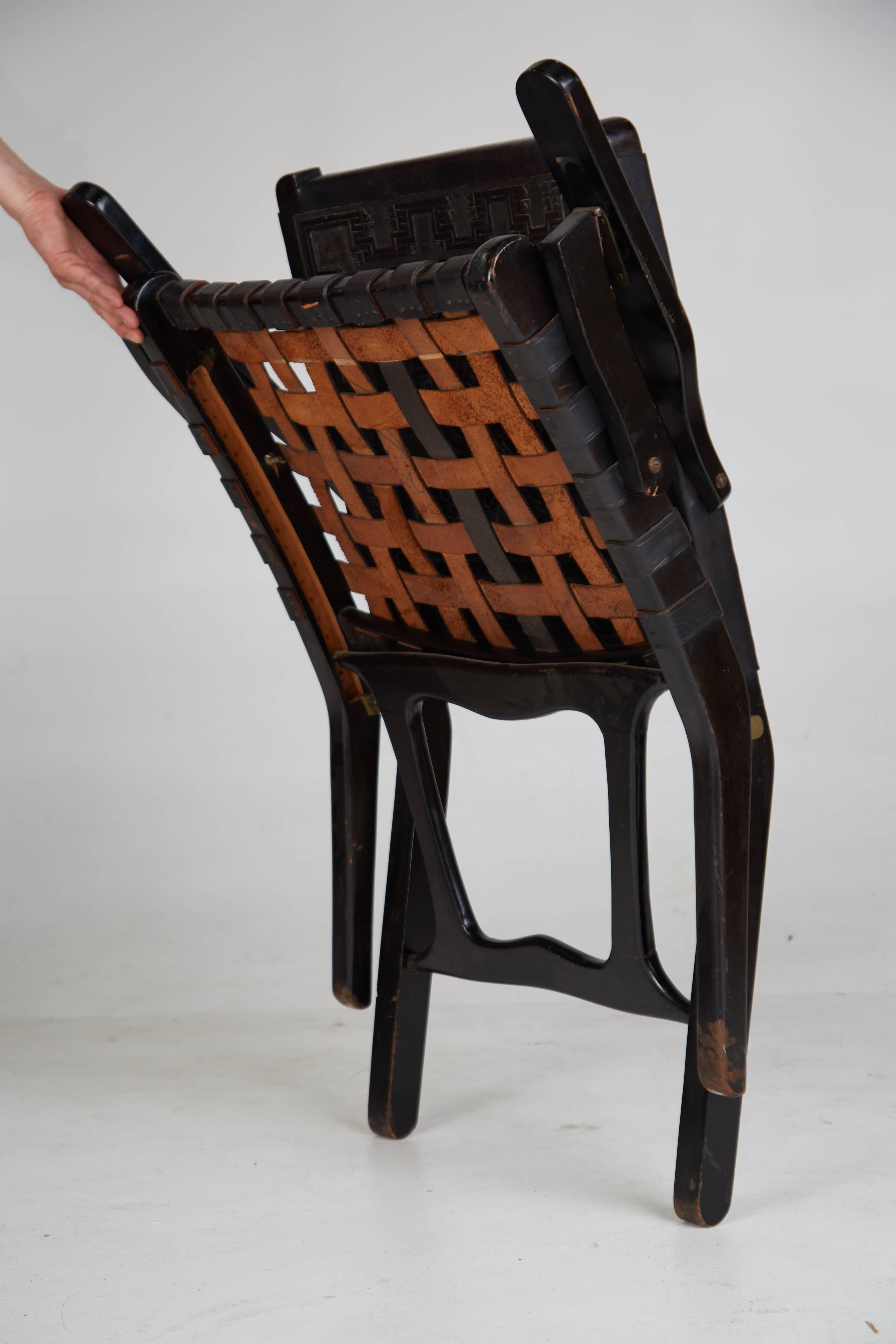 Peruvian Black Tooled Leather Folding Chairs, Pair, circa 1950 2