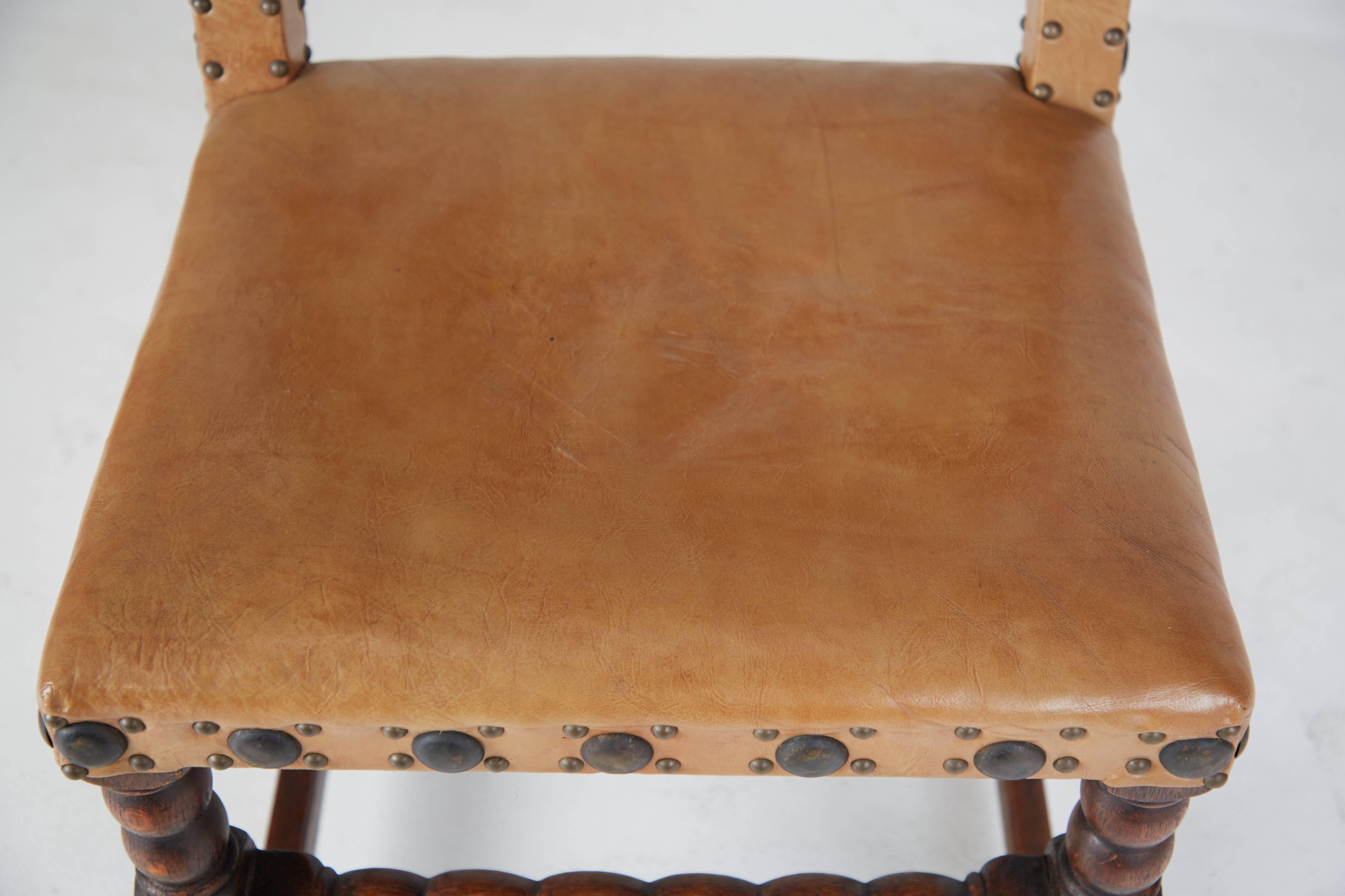 Mid-19th Century English Cromwellian Tan Leather Oak Side Chairs, circa 1860