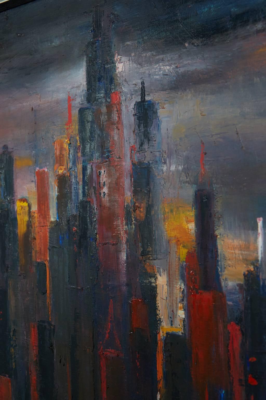 Dramatic interpretation of an urban city skyline against an ominous looking upper atmosphere by Dietrich Grunewald for Van Amstel of California, circa 1960s. 

The skyscrapers of this city highline have been clustered together in predominantly