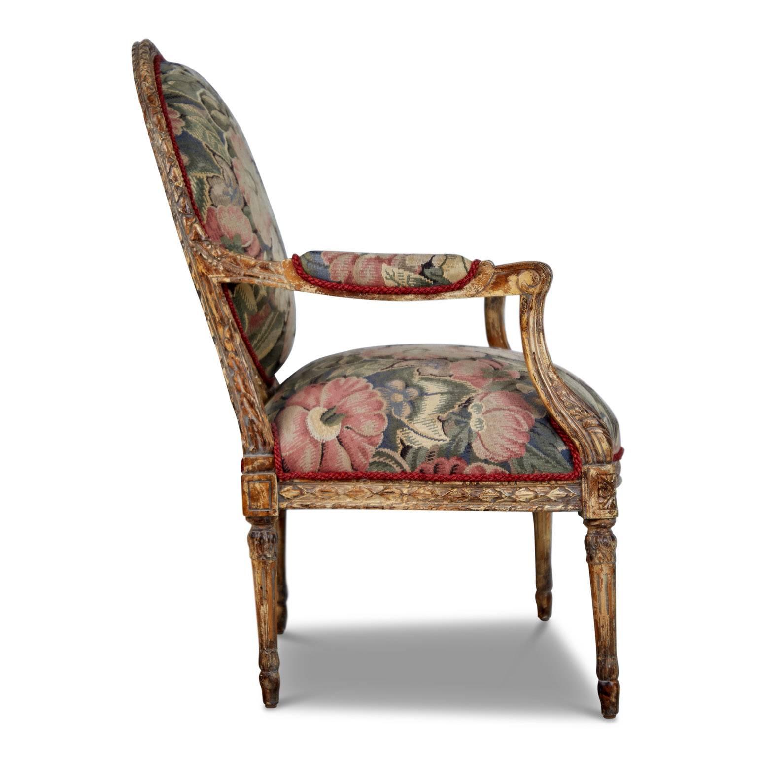 Pair of Louis XVI Style Armchairs with Tapestry Floral Fabric *MOVING SALE* In Good Condition In Los Angeles, CA