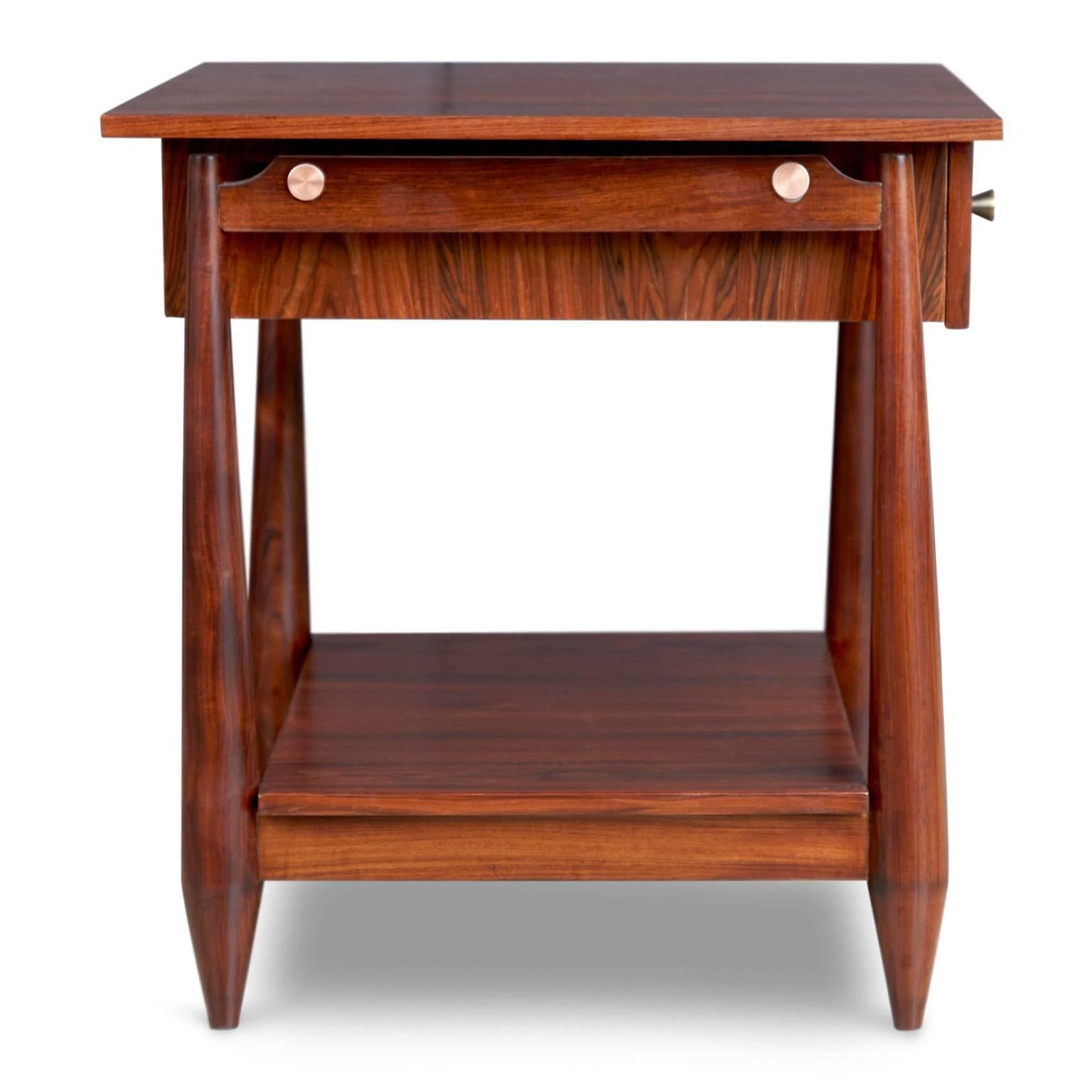 Floating Drawer Nightstands with Sculptural Legs in Brazilian Rosewood, Pair In Excellent Condition In Los Angeles, CA