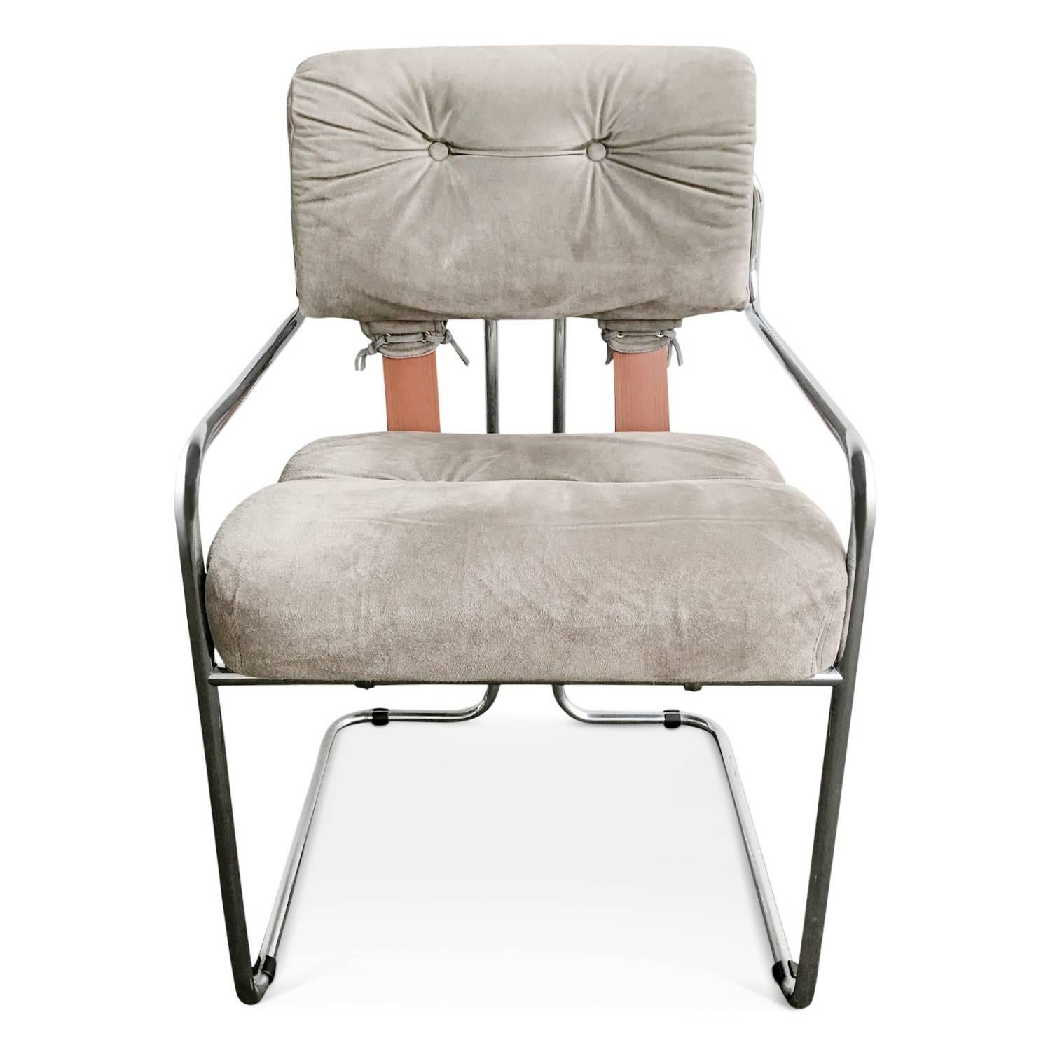 Set of two (2) elegant Guido Faleschini Tucroma chairs by i4 Mariani for The Pace Collection. The seats and backs retain the original light gray suede leather upholstery and are attached to graceful chromed steel tubular frames, as well as being